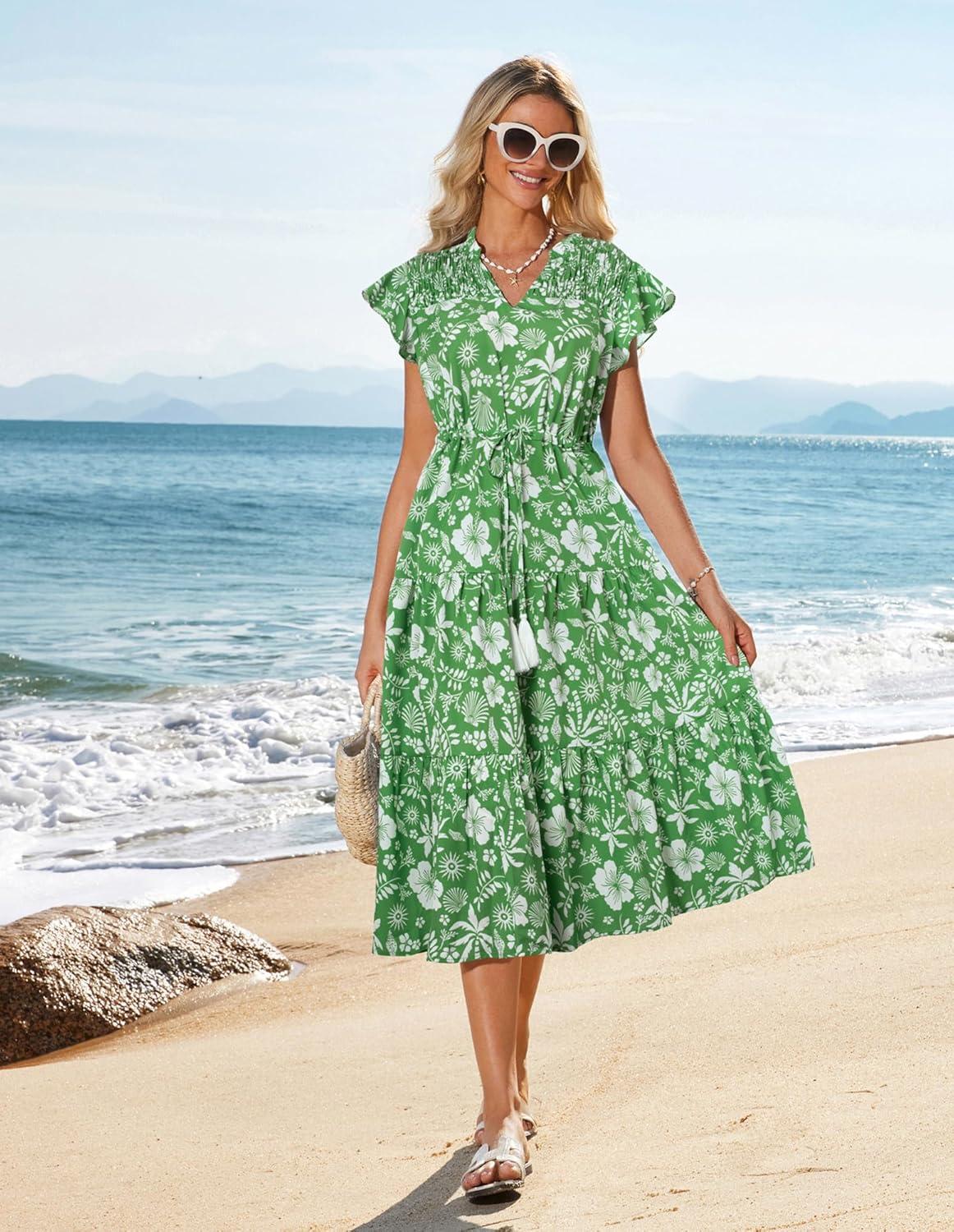 imageGRACE KARIN Womens Summer Floral Midi Dresses Short Sleeve Beach Wedding Guest Dress Drawstring Long Flowy Dress with PocketsNew Green Floral Patern