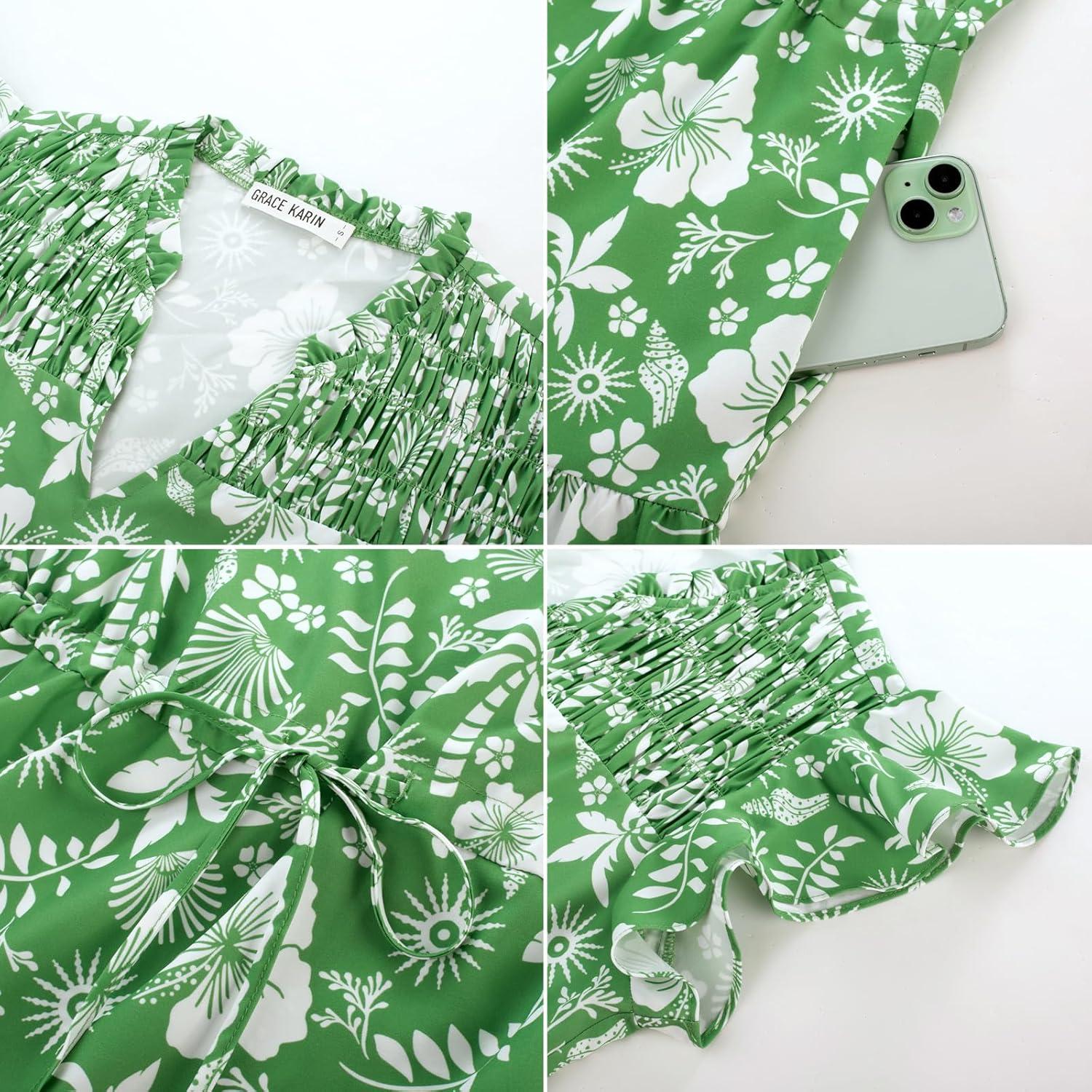 imageGRACE KARIN Womens Summer Floral Midi Dresses Short Sleeve Beach Wedding Guest Dress Drawstring Long Flowy Dress with PocketsNew Green Floral Patern