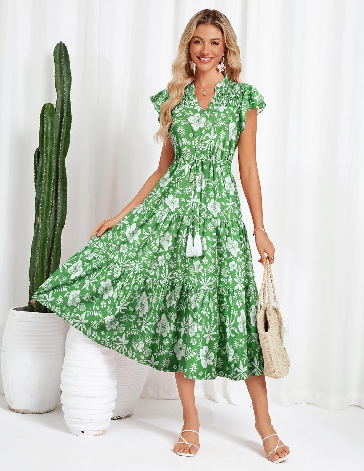 imageGRACE KARIN Womens Summer Floral Midi Dresses Short Sleeve Beach Wedding Guest Dress Drawstring Long Flowy Dress with PocketsNew Green Floral Patern