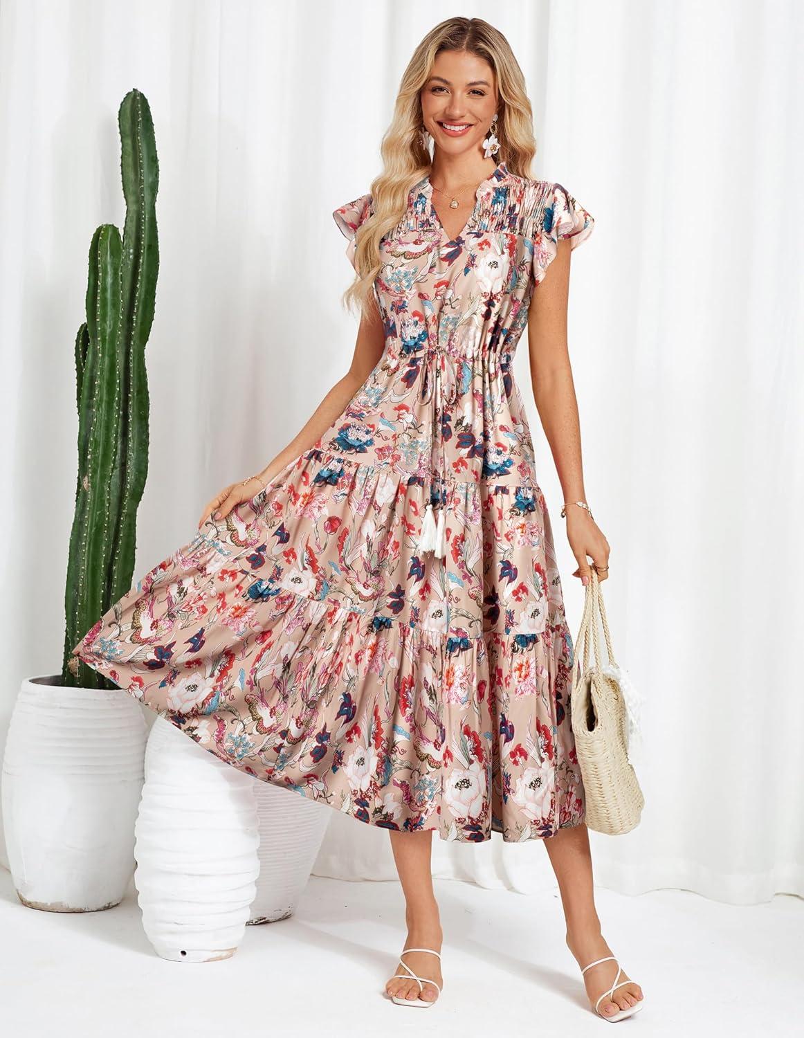 imageGRACE KARIN Womens Summer Floral Midi Dresses Short Sleeve Beach Wedding Guest Dress Drawstring Long Flowy Dress with PocketsNew Khaki Red Floral