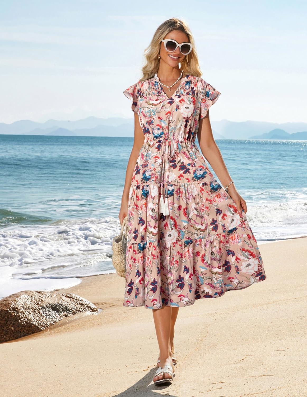 imageGRACE KARIN Womens Summer Floral Midi Dresses Short Sleeve Beach Wedding Guest Dress Drawstring Long Flowy Dress with PocketsNew Khaki Red Floral