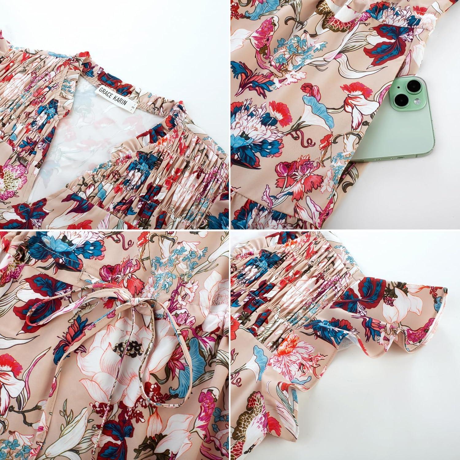 imageGRACE KARIN Womens Summer Floral Midi Dresses Short Sleeve Beach Wedding Guest Dress Drawstring Long Flowy Dress with PocketsNew Khaki Red Floral