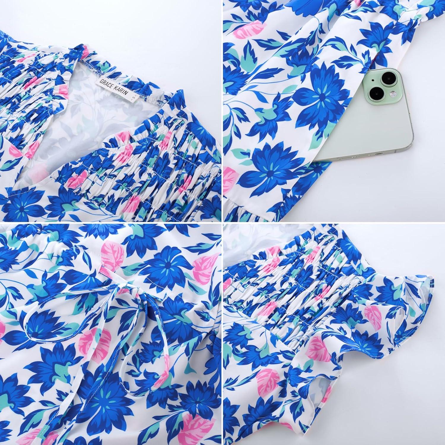 imageGRACE KARIN Womens Summer Floral Midi Dresses Short Sleeve Beach Wedding Guest Dress Drawstring Long Flowy Dress with PocketsNew Knit Blue Floral