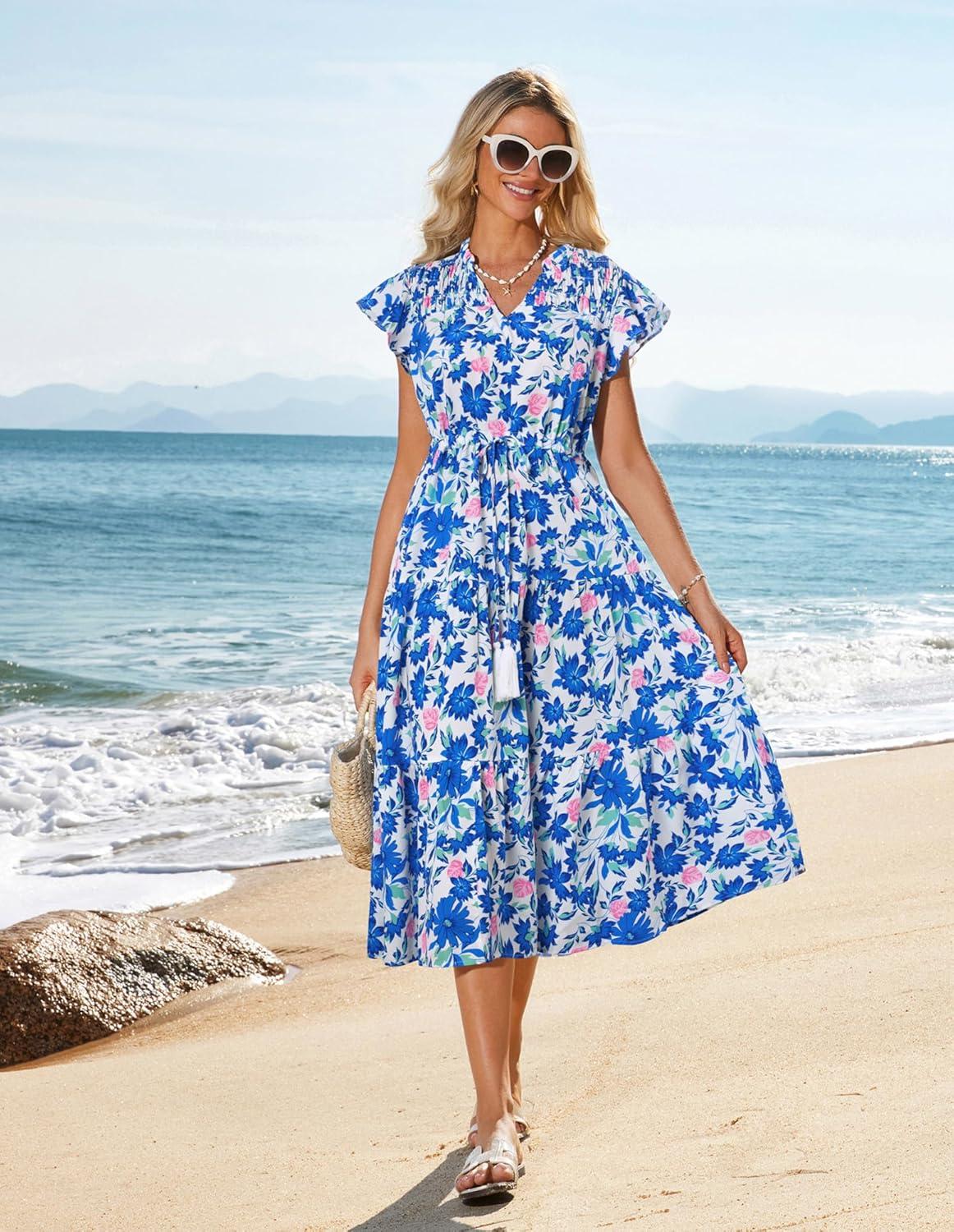 imageGRACE KARIN Womens Summer Floral Midi Dresses Short Sleeve Beach Wedding Guest Dress Drawstring Long Flowy Dress with PocketsNew Knit Blue Floral