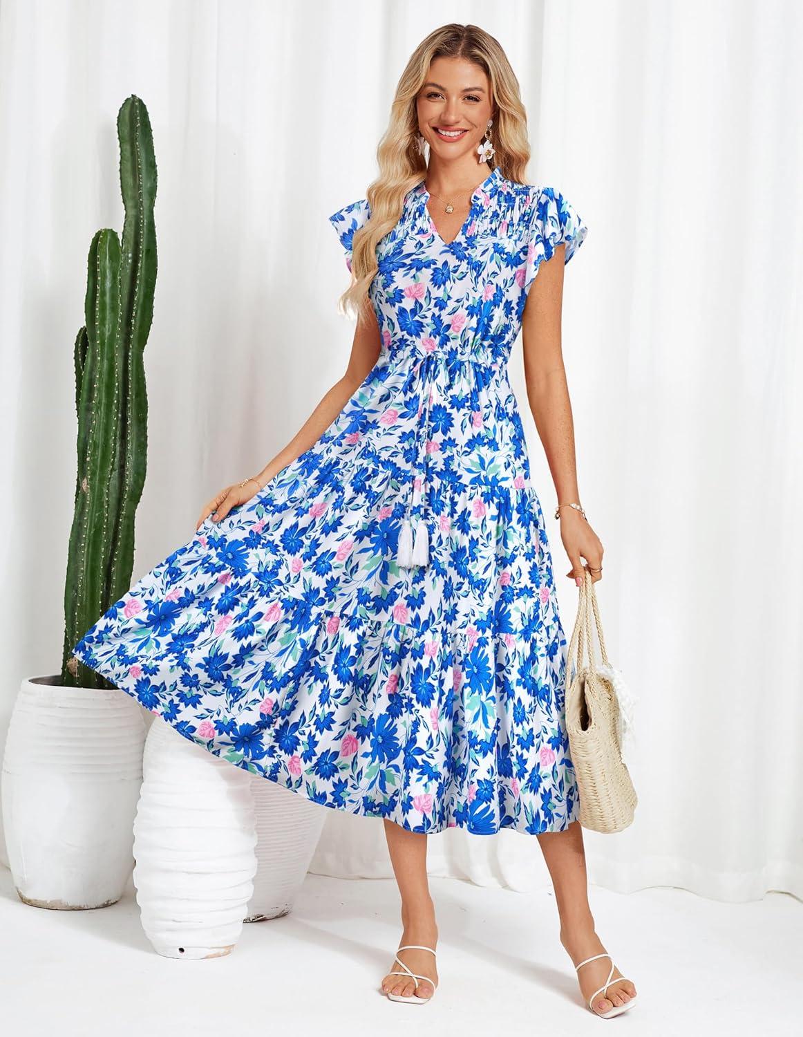 imageGRACE KARIN Womens Summer Floral Midi Dresses Short Sleeve Beach Wedding Guest Dress Drawstring Long Flowy Dress with PocketsNew Knit Blue Floral