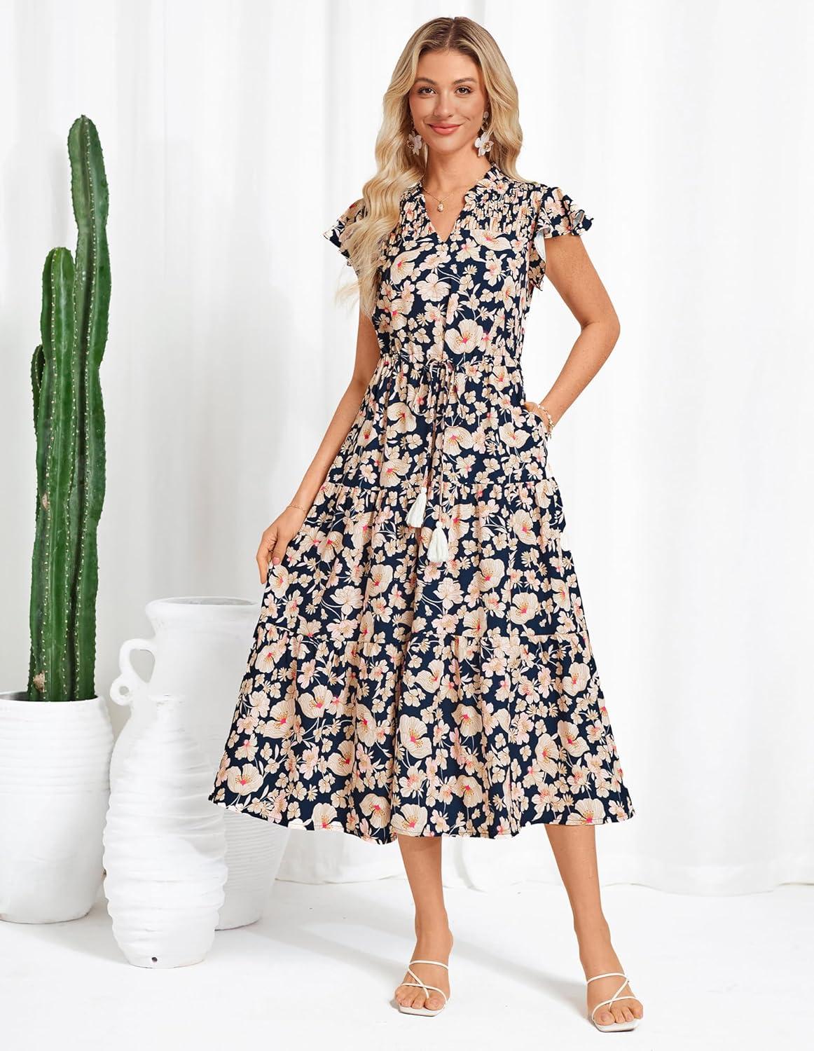 imageGRACE KARIN Womens Summer Floral Midi Dresses Short Sleeve Beach Wedding Guest Dress Drawstring Long Flowy Dress with PocketsNew Navy Blue Floral