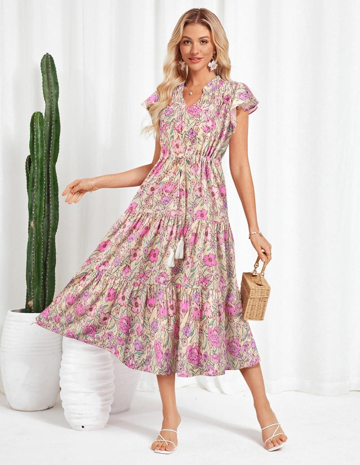 imageGRACE KARIN Womens Summer Floral Midi Dresses Short Sleeve Beach Wedding Guest Dress Drawstring Long Flowy Dress with PocketsNew Yellow Pink Floral