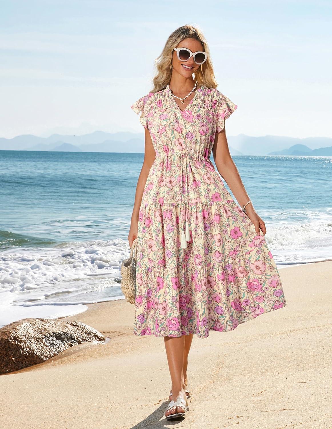 imageGRACE KARIN Womens Summer Floral Midi Dresses Short Sleeve Beach Wedding Guest Dress Drawstring Long Flowy Dress with PocketsNew Yellow Pink Floral