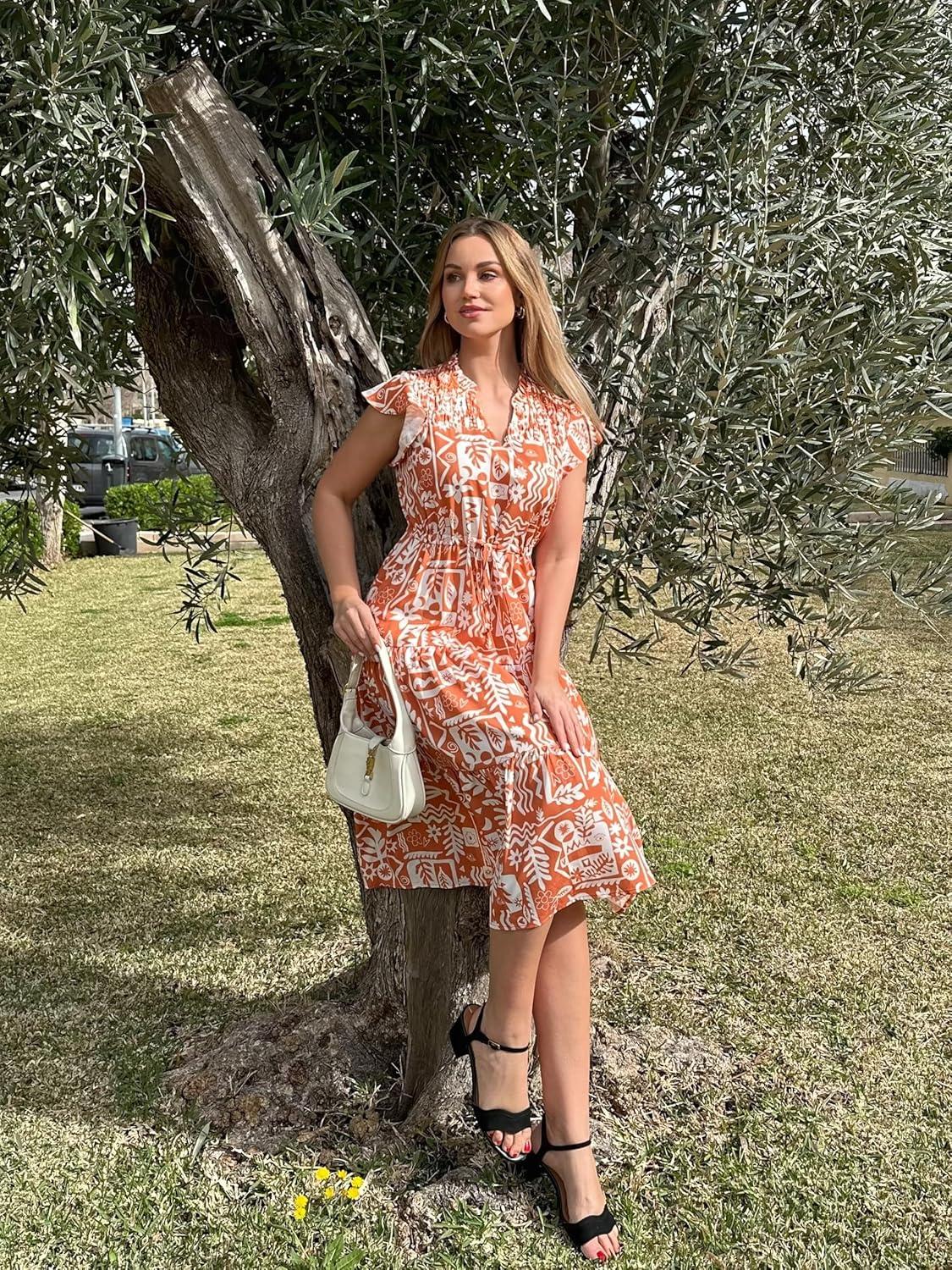 imageGRACE KARIN Womens Summer Floral Midi Dresses Short Sleeve Beach Wedding Guest Dress Drawstring Long Flowy Dress with PocketsOrange Patern