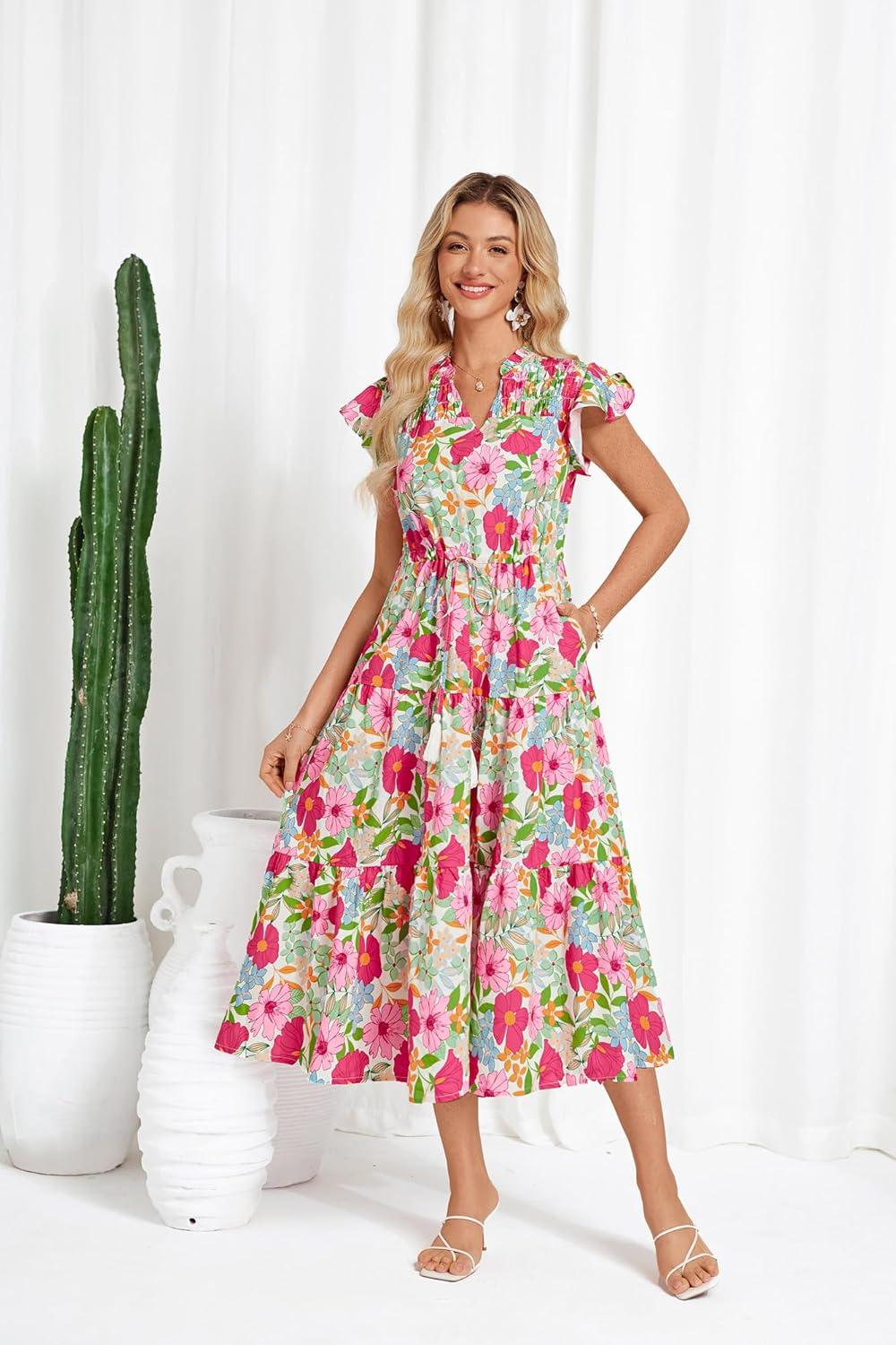imageGRACE KARIN Womens Summer Floral Midi Dresses Short Sleeve Beach Wedding Guest Dress Drawstring Long Flowy Dress with PocketsPink and Green Floral