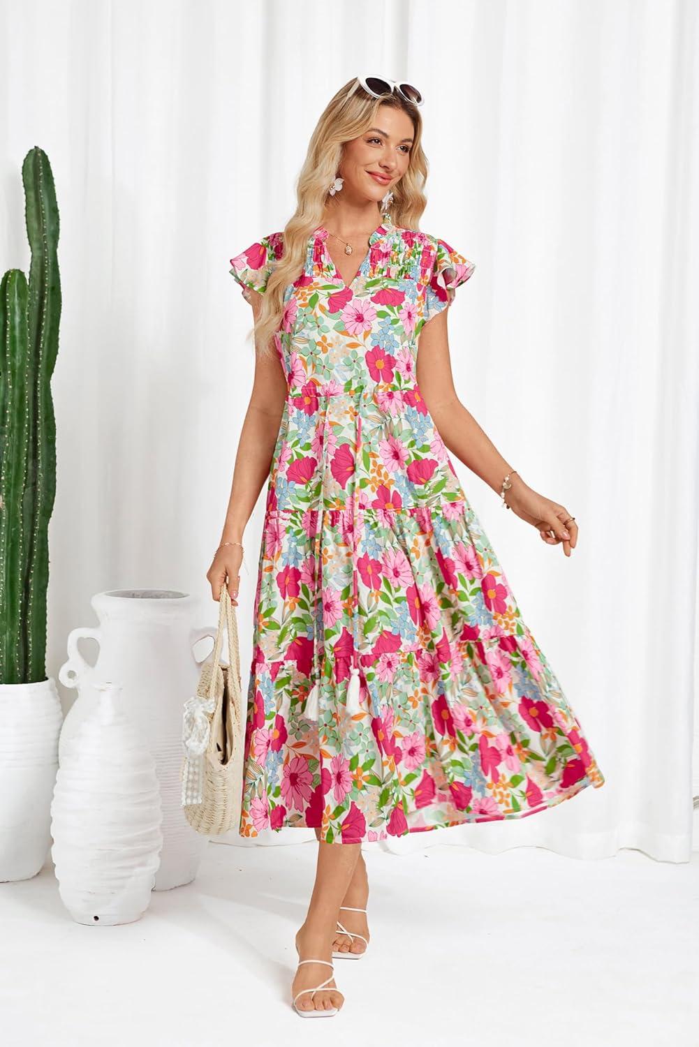 imageGRACE KARIN Womens Summer Floral Midi Dresses Short Sleeve Beach Wedding Guest Dress Drawstring Long Flowy Dress with PocketsPink and Green Floral
