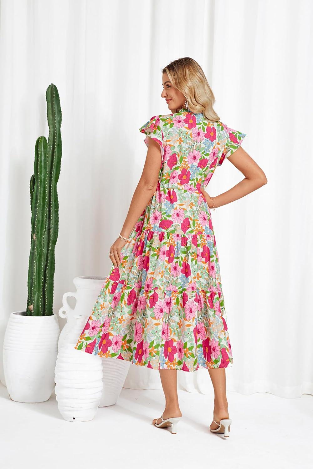 imageGRACE KARIN Womens Summer Floral Midi Dresses Short Sleeve Beach Wedding Guest Dress Drawstring Long Flowy Dress with PocketsPink and Green Floral