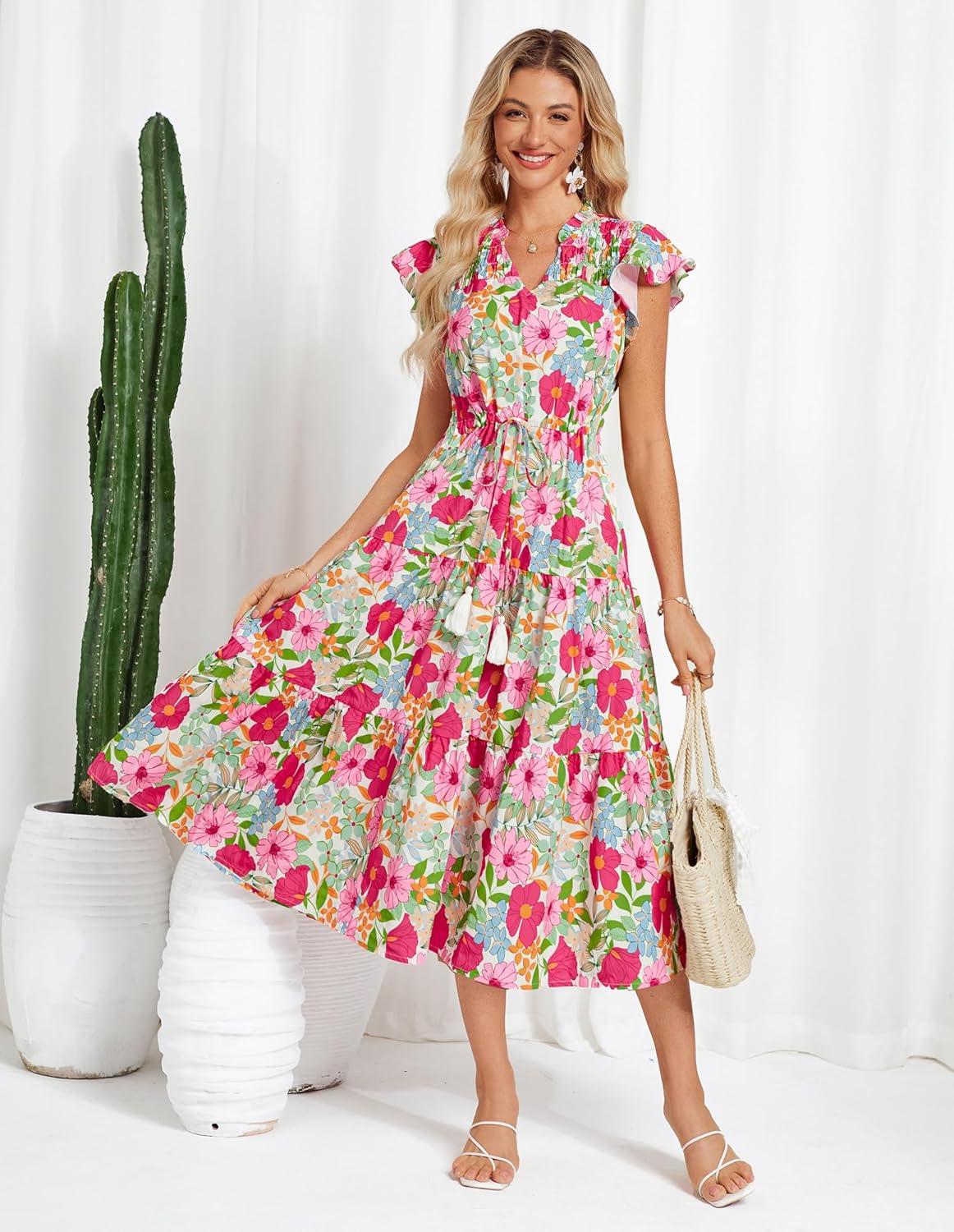imageGRACE KARIN Womens Summer Floral Midi Dresses Short Sleeve Beach Wedding Guest Dress Drawstring Long Flowy Dress with PocketsPink and Rose Floral