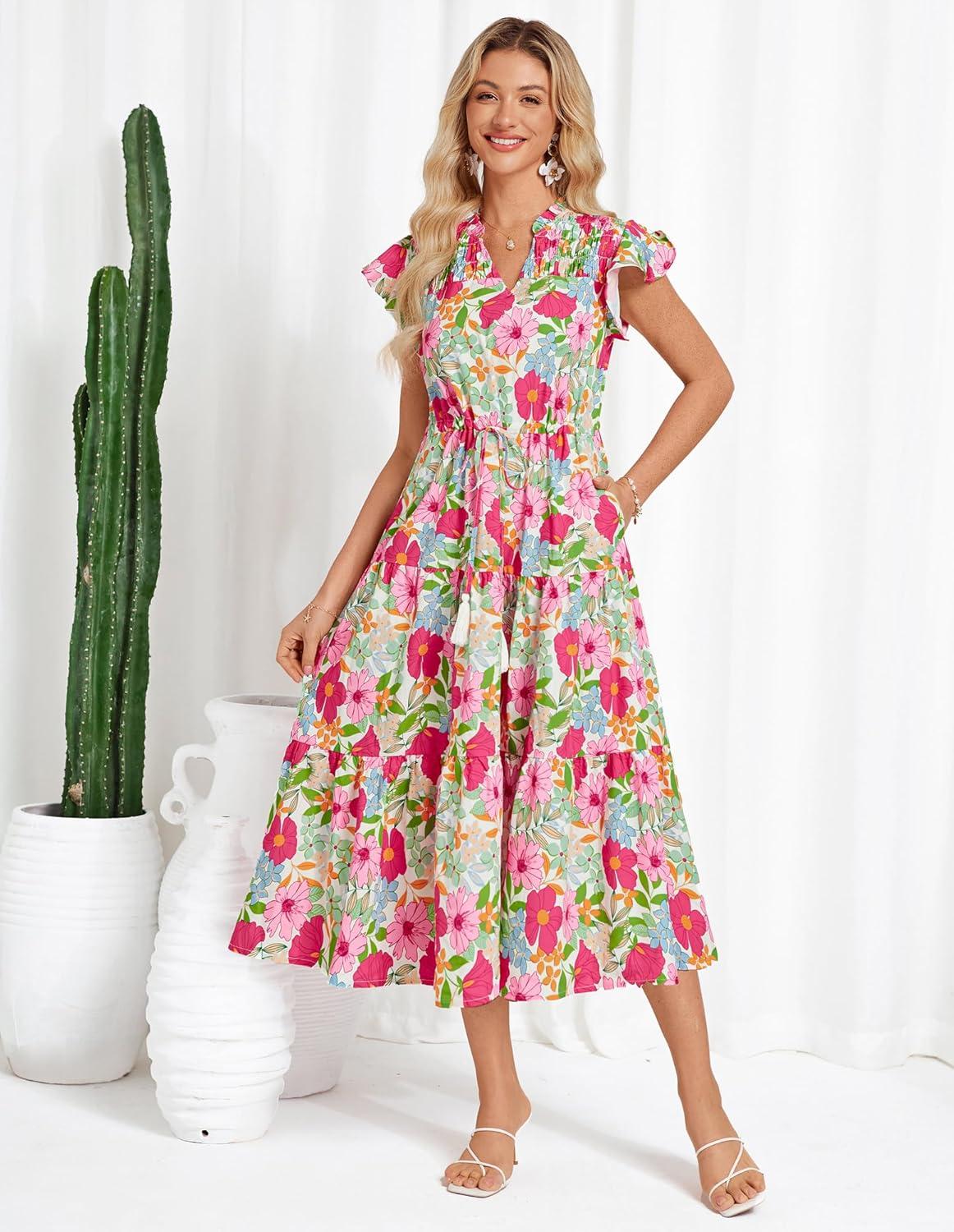 imageGRACE KARIN Womens Summer Floral Midi Dresses Short Sleeve Beach Wedding Guest Dress Drawstring Long Flowy Dress with PocketsPink and Rose Floral