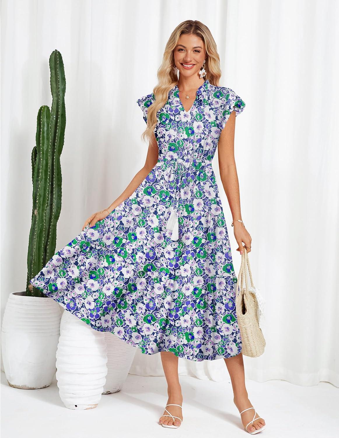 imageGRACE KARIN Womens Summer Floral Midi Dresses Short Sleeve Beach Wedding Guest Dress Drawstring Long Flowy Dress with PocketsPurple Floral