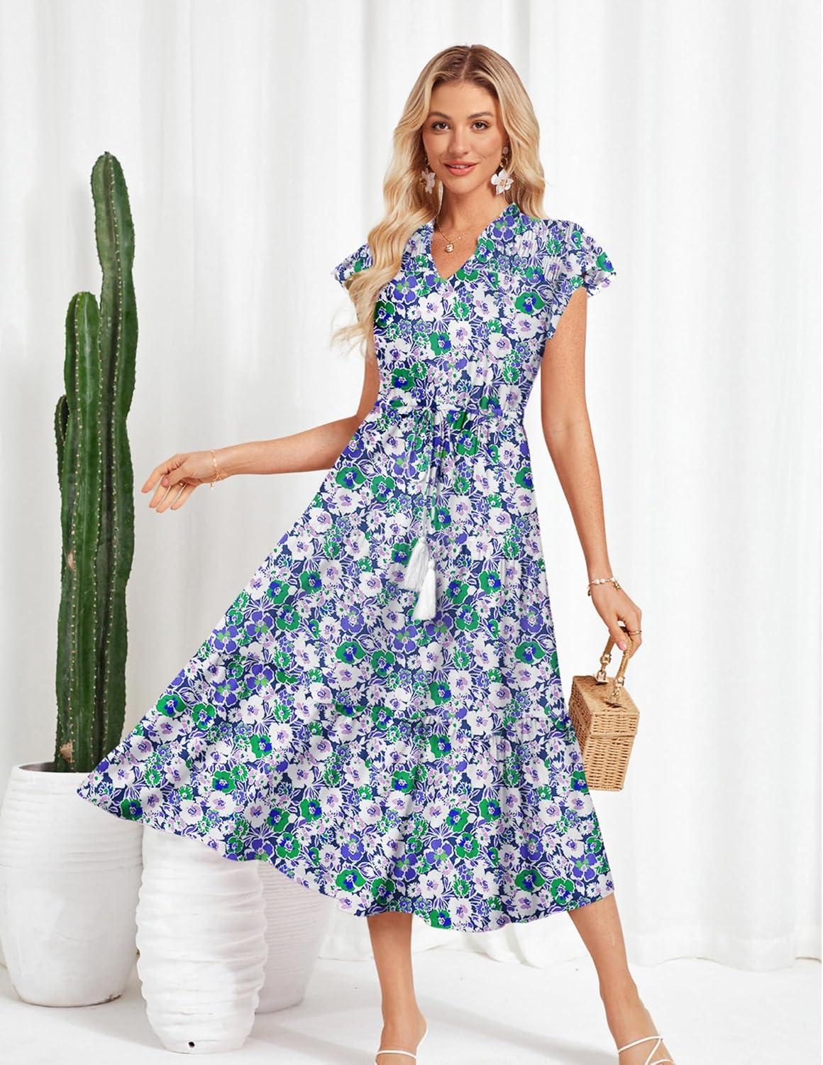 imageGRACE KARIN Womens Summer Floral Midi Dresses Short Sleeve Beach Wedding Guest Dress Drawstring Long Flowy Dress with PocketsPurple Floral