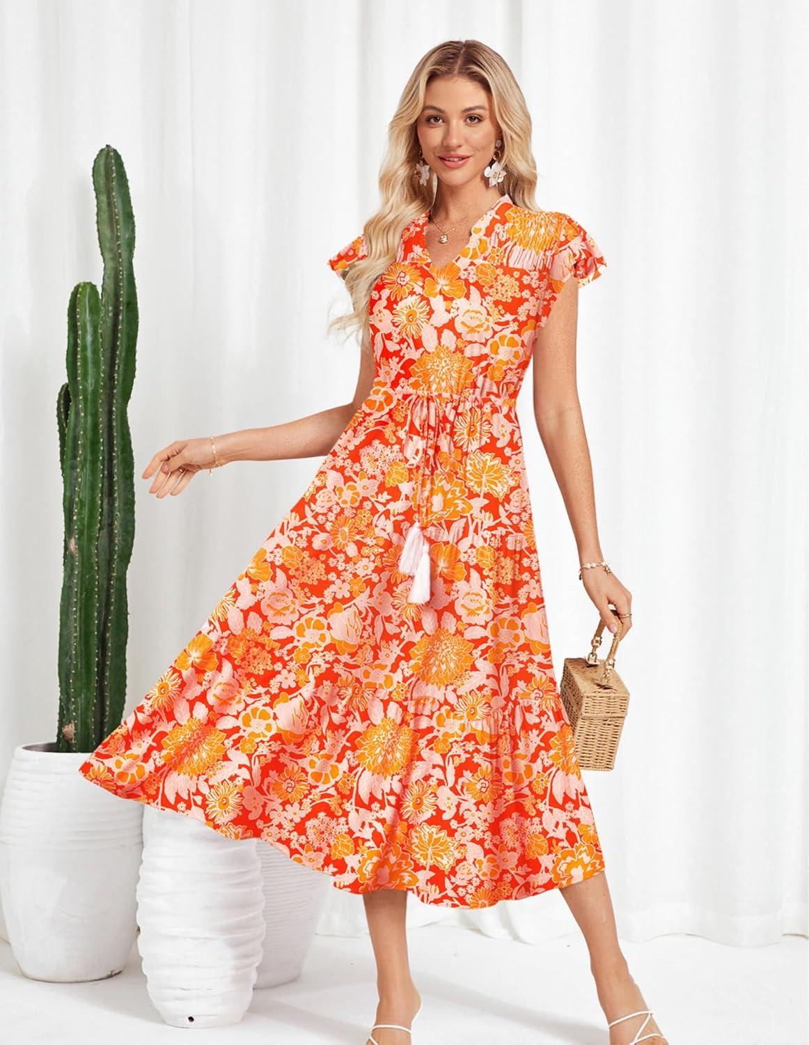 imageGRACE KARIN Womens Summer Floral Midi Dresses Short Sleeve Beach Wedding Guest Dress Drawstring Long Flowy Dress with PocketsRed and Orang Floral