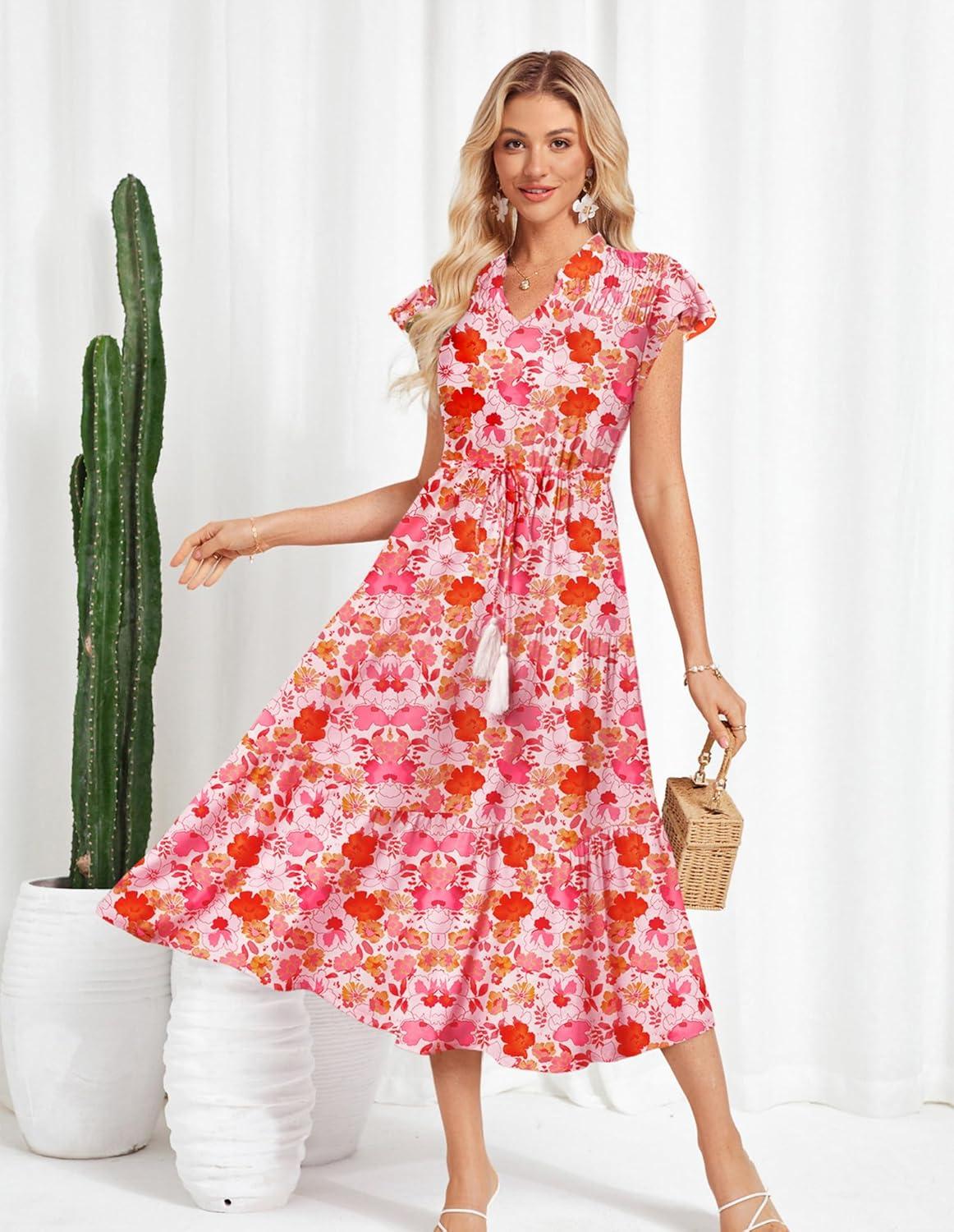 imageGRACE KARIN Womens Summer Floral Midi Dresses Short Sleeve Beach Wedding Guest Dress Drawstring Long Flowy Dress with PocketsWhite and Red Floral
