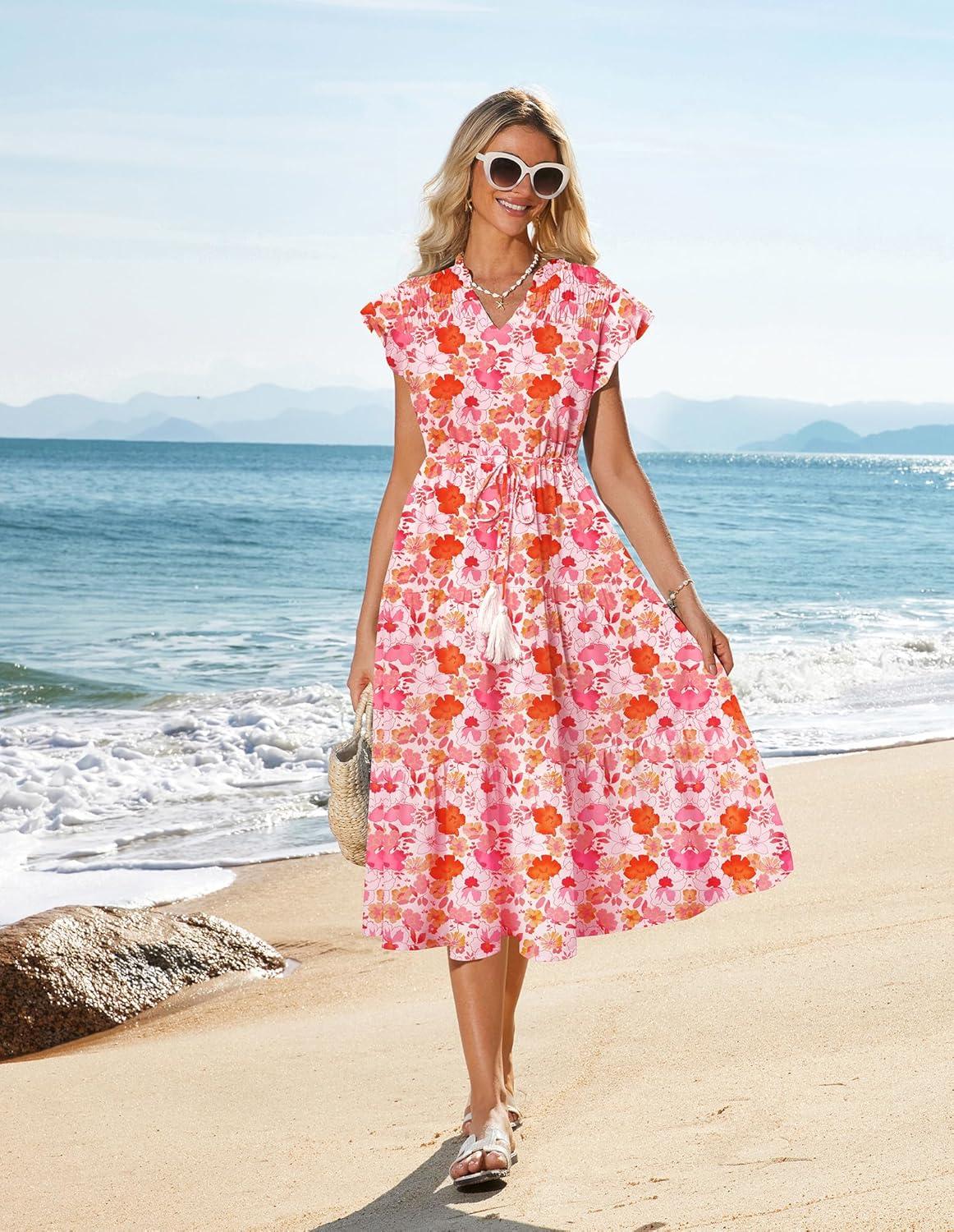 imageGRACE KARIN Womens Summer Floral Midi Dresses Short Sleeve Beach Wedding Guest Dress Drawstring Long Flowy Dress with PocketsWhite and Red Floral