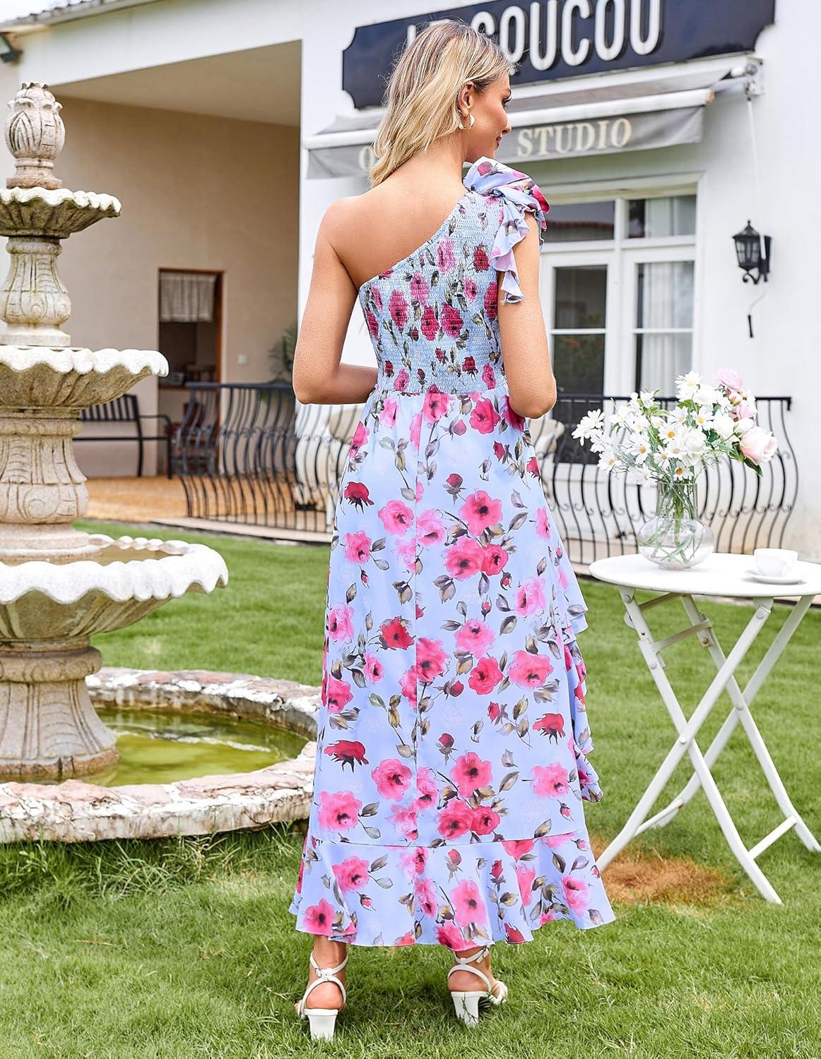 imageGRACE KARIN Womens Summer One Shoulder Sleeveless Dresses Floral Flowy Ruffle High Low Wedding Guest Maxi SundressesBlue Red