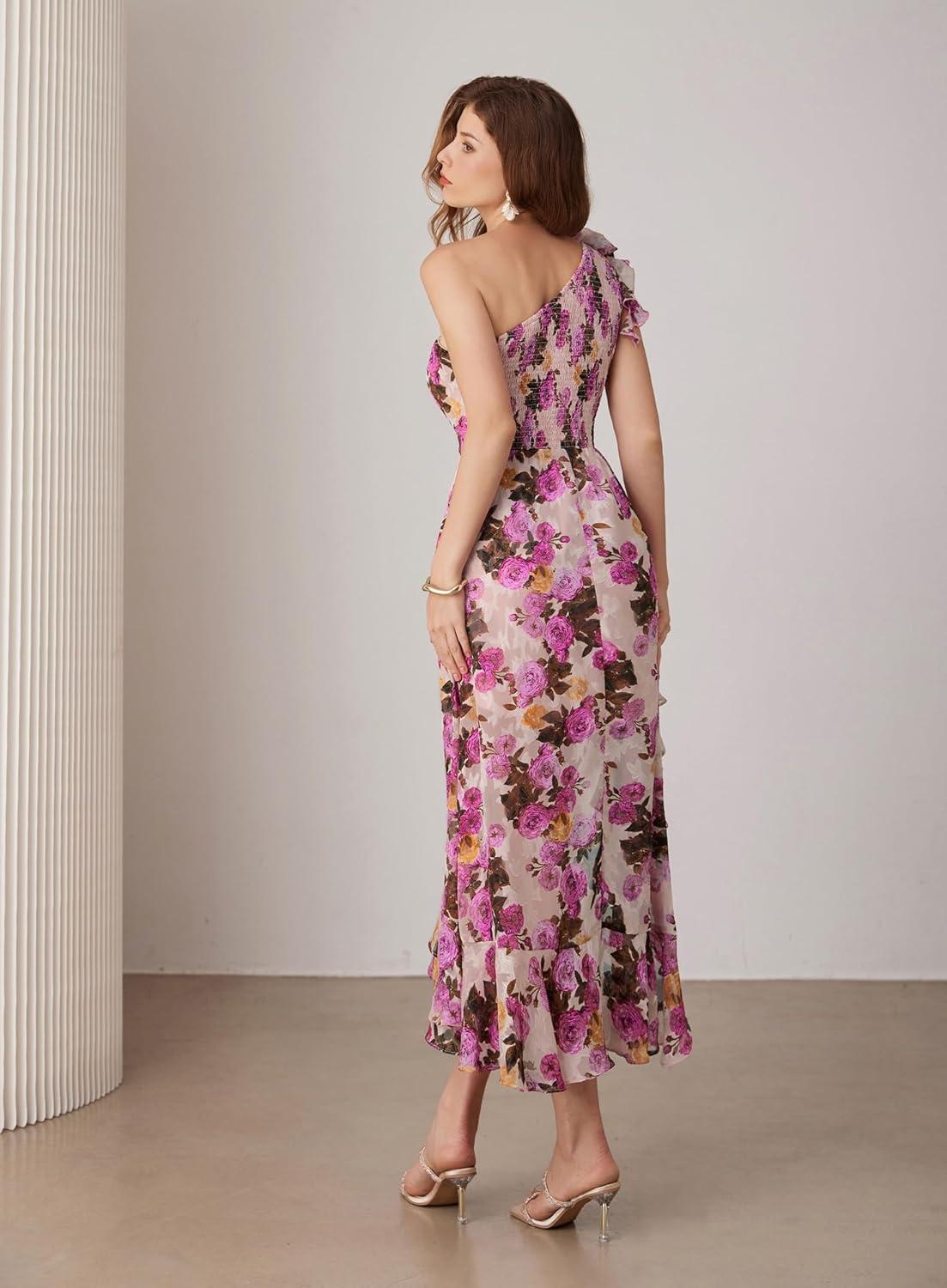 imageGRACE KARIN Womens Summer One Shoulder Sleeveless Dresses Floral Flowy Ruffle High Low Wedding Guest Maxi SundressesFloral Apricot Pink