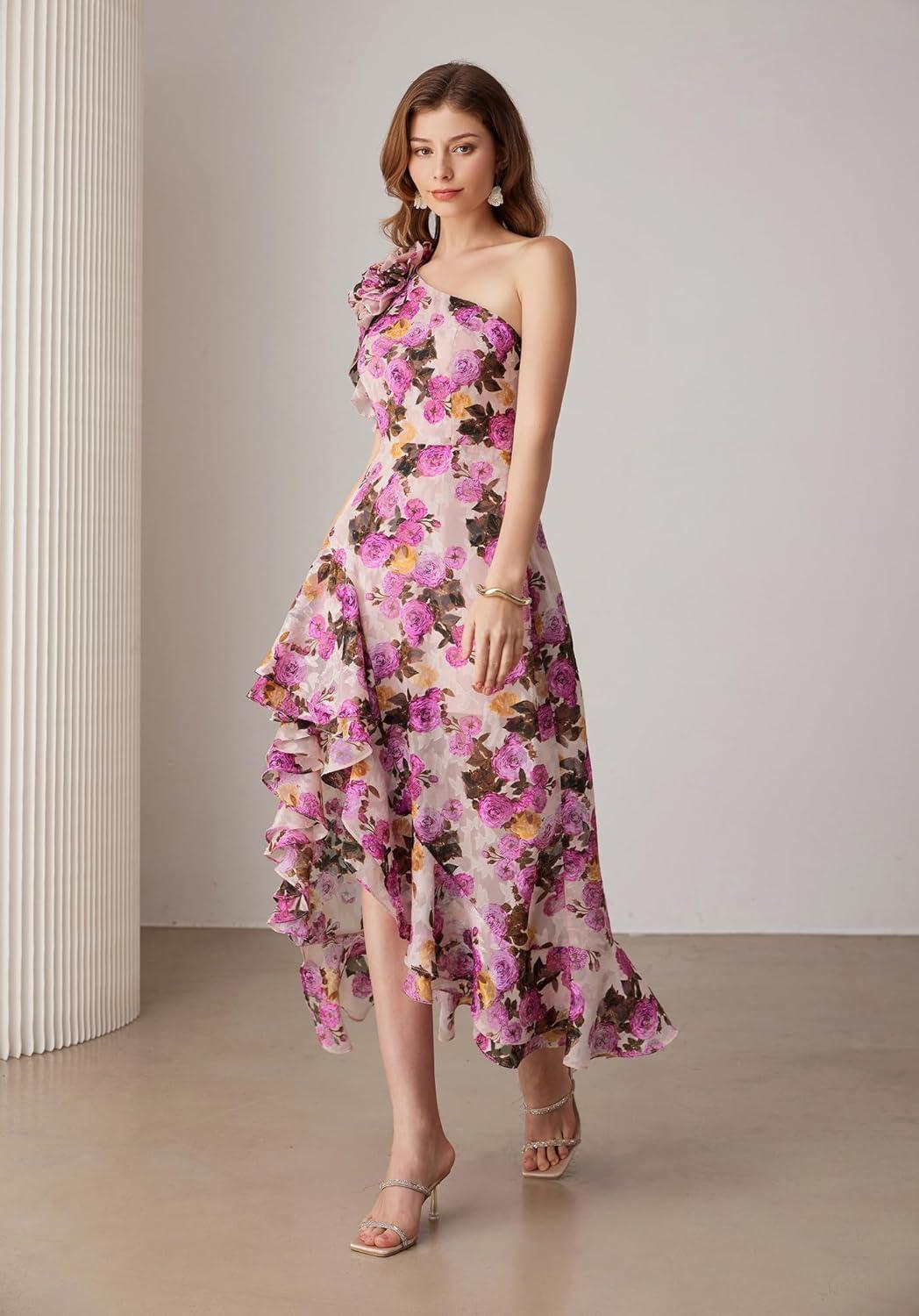 imageGRACE KARIN Womens Summer One Shoulder Sleeveless Dresses Floral Flowy Ruffle High Low Wedding Guest Maxi SundressesFloral Apricot Pink