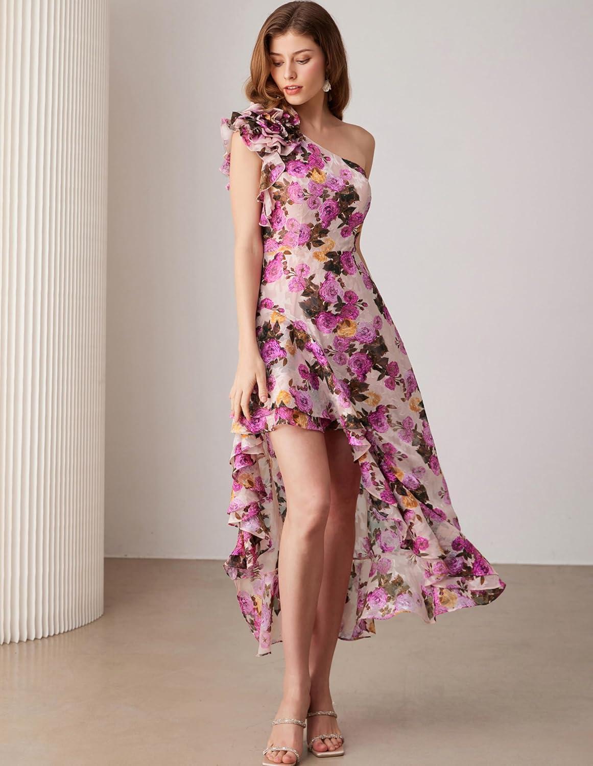 imageGRACE KARIN Womens Summer One Shoulder Sleeveless Dresses Floral Flowy Ruffle High Low Wedding Guest Maxi SundressesFloral Apricot Pink
