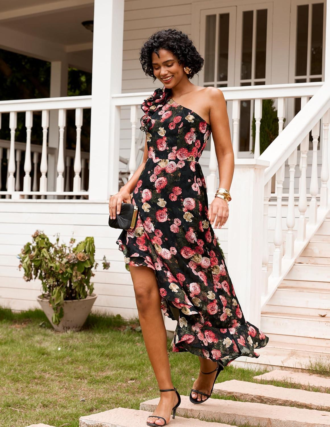 imageGRACE KARIN Womens Summer One Shoulder Sleeveless Dresses Floral Flowy Ruffle High Low Wedding Guest Maxi SundressesFloral Black Red