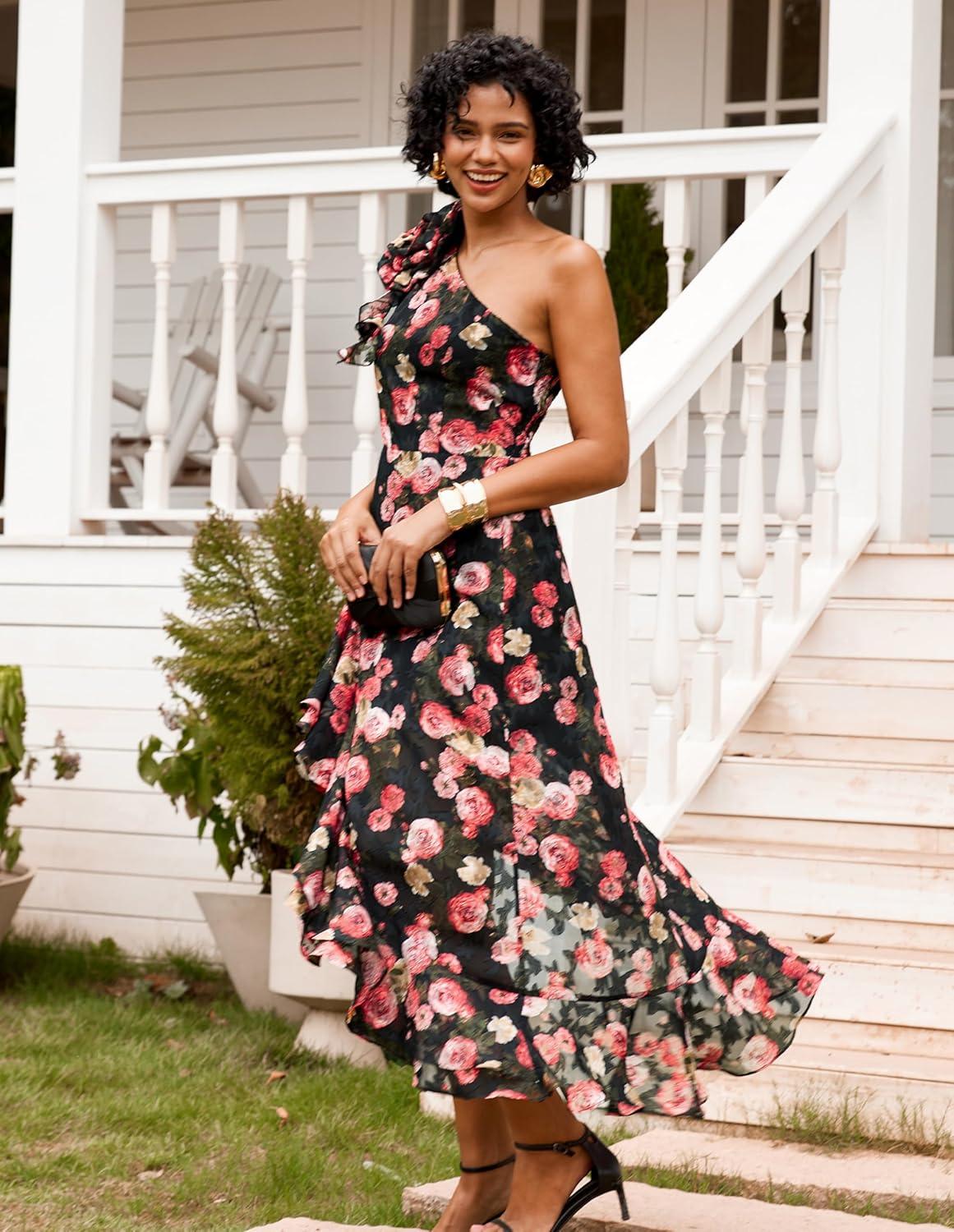 imageGRACE KARIN Womens Summer One Shoulder Sleeveless Dresses Floral Flowy Ruffle High Low Wedding Guest Maxi SundressesFloral Black Red