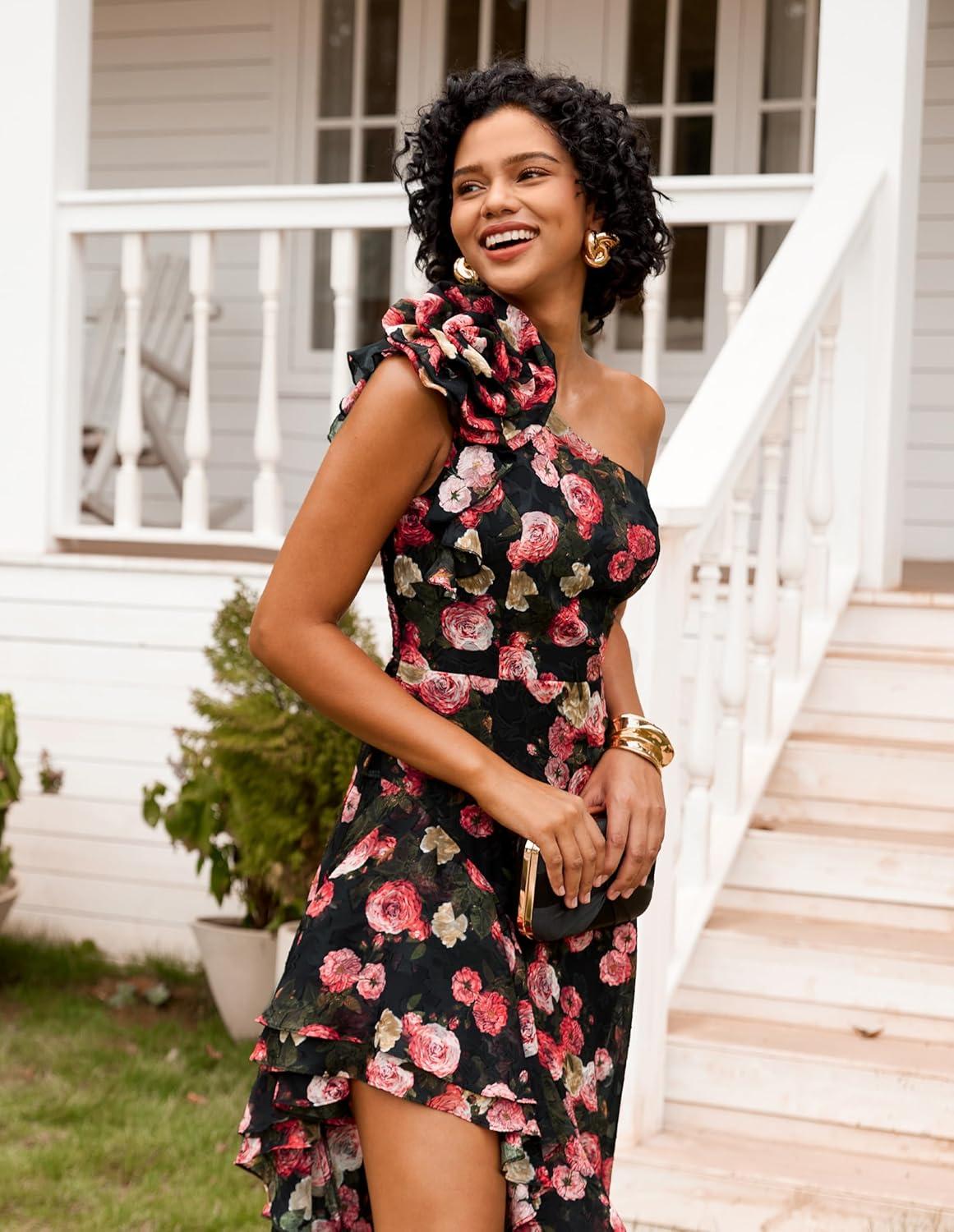 imageGRACE KARIN Womens Summer One Shoulder Sleeveless Dresses Floral Flowy Ruffle High Low Wedding Guest Maxi SundressesFloral Black Red