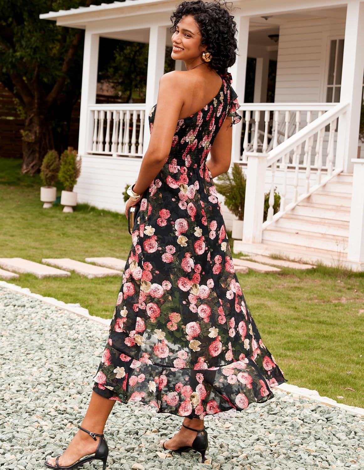 imageGRACE KARIN Womens Summer One Shoulder Sleeveless Dresses Floral Flowy Ruffle High Low Wedding Guest Maxi SundressesFloral Black Red