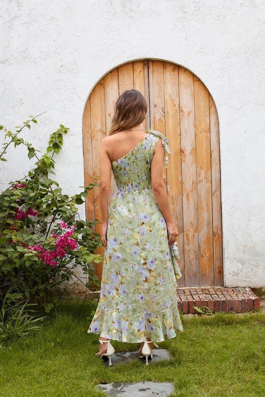 imageGRACE KARIN Womens Summer One Shoulder Sleeveless Dresses Floral Flowy Ruffle High Low Wedding Guest Maxi SundressesFloral Green Purple