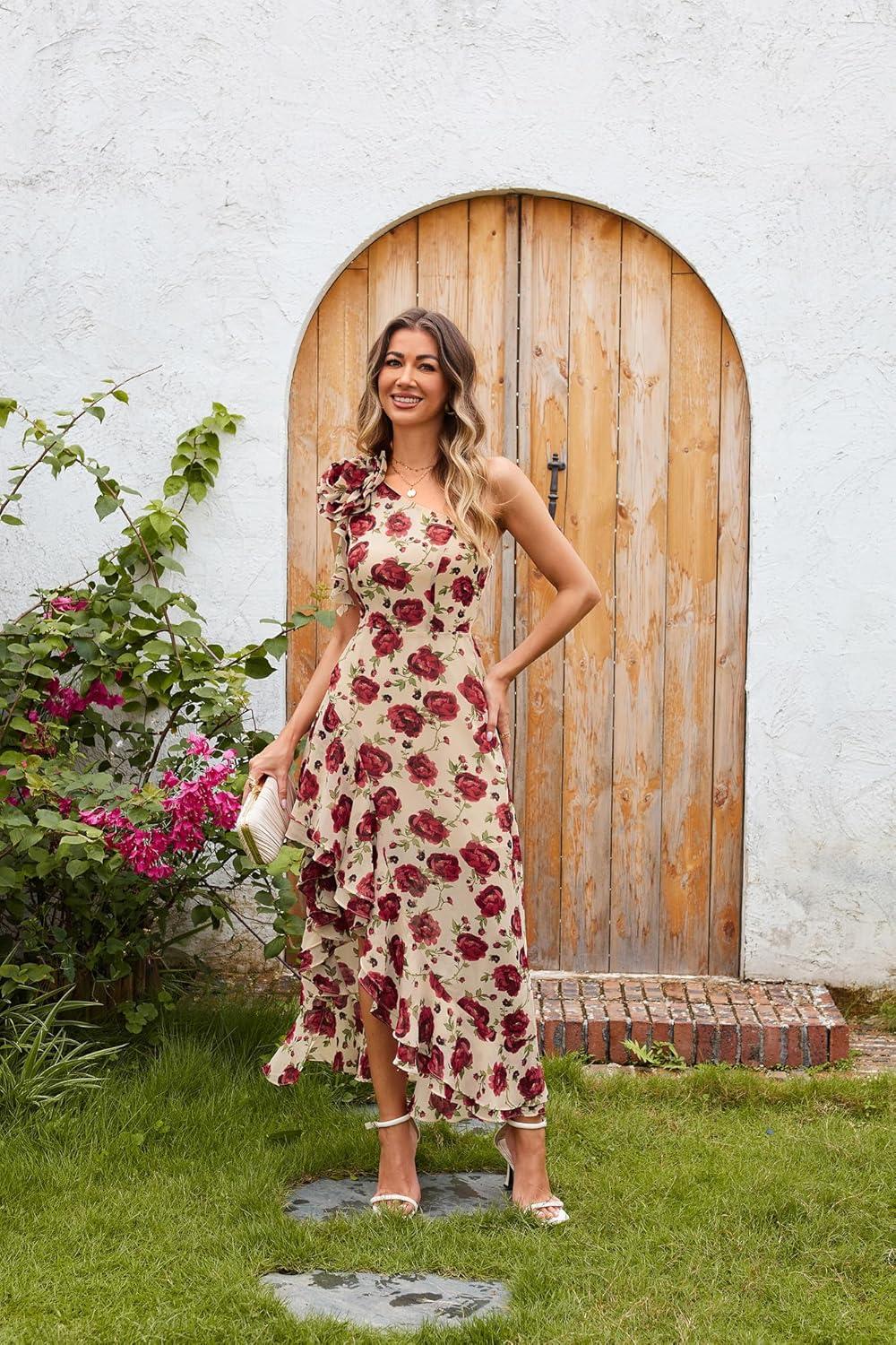 imageGRACE KARIN Womens Summer One Shoulder Sleeveless Dresses Floral Flowy Ruffle High Low Wedding Guest Maxi SundressesFloral White Red