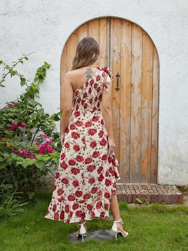 imageGRACE KARIN Womens Summer One Shoulder Sleeveless Dresses Floral Flowy Ruffle High Low Wedding Guest Maxi SundressesFloral White Red