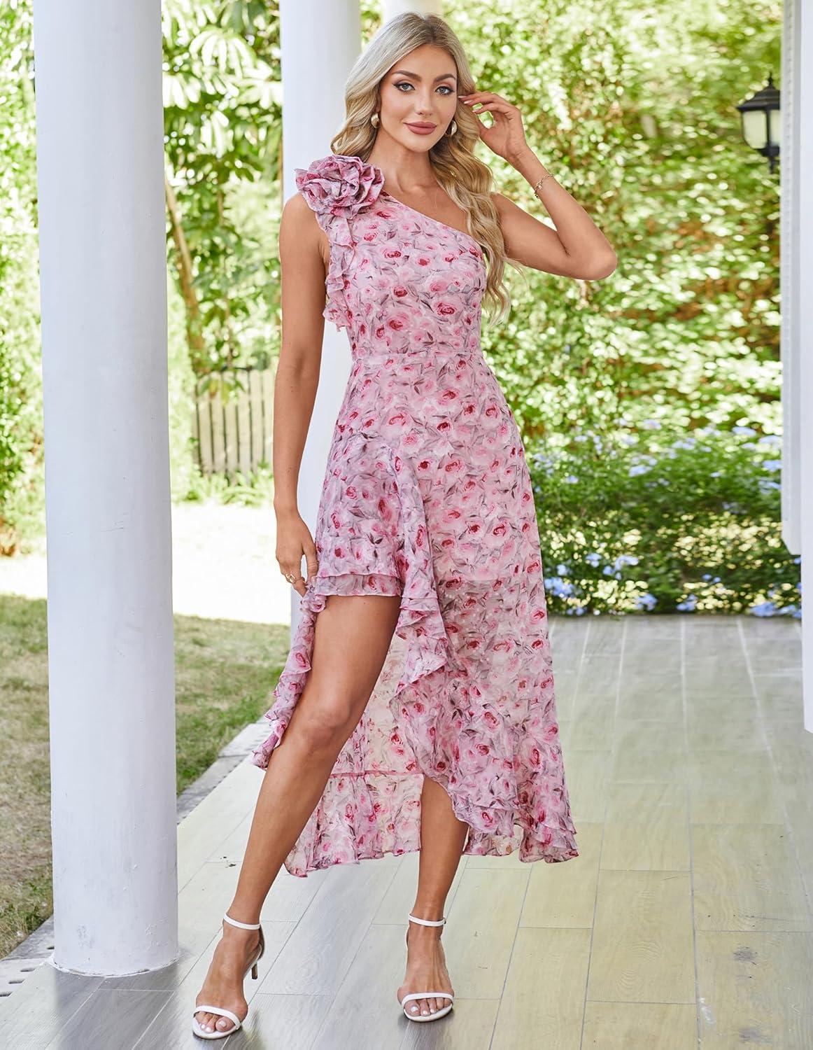 imageGRACE KARIN Womens Summer One Shoulder Sleeveless Dresses Floral Flowy Ruffle High Low Wedding Guest Maxi SundressesPink Roses