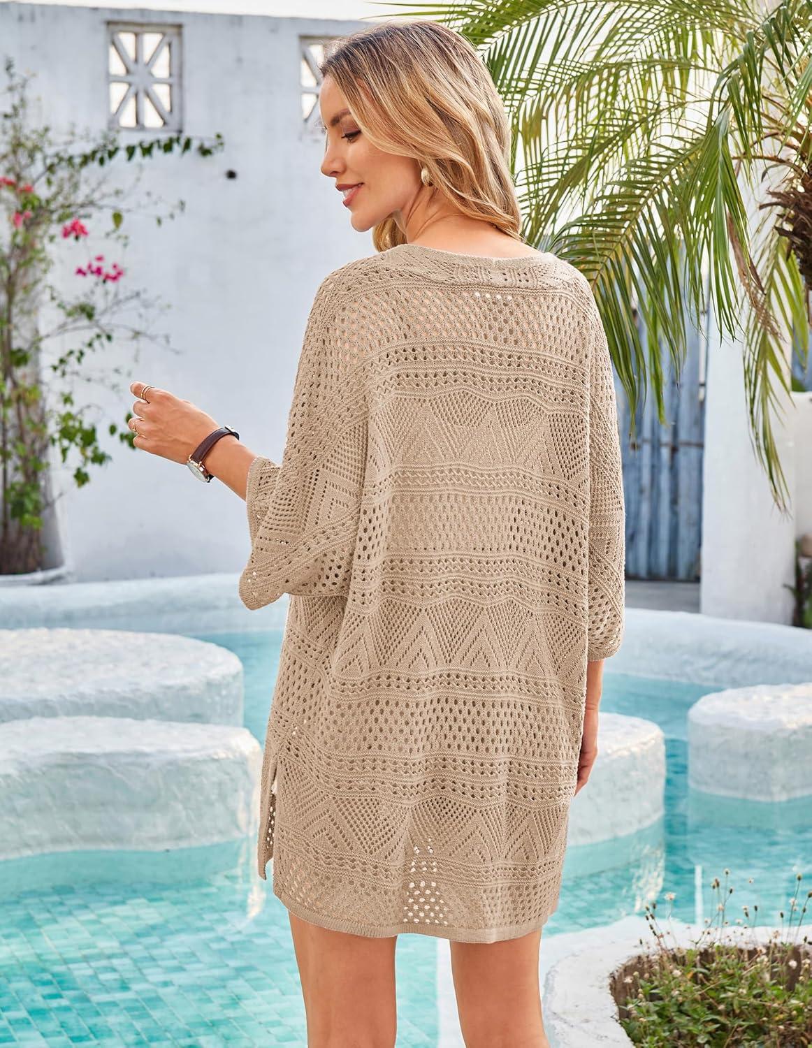 imageGRACE KARIN Womens Summer Short Sleeve Crochet Cardigan Sweaters Lightweight 2026 Oversized Knit Boho Kimono CardigansBeige