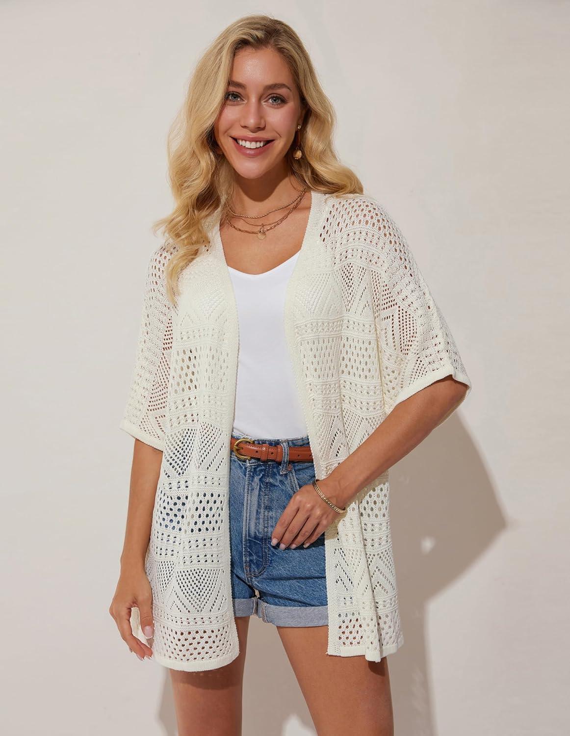 imageGRACE KARIN Womens Summer Short Sleeve Crochet Cardigan Sweaters Lightweight 2026 Oversized Knit Boho Kimono CardigansIvory White