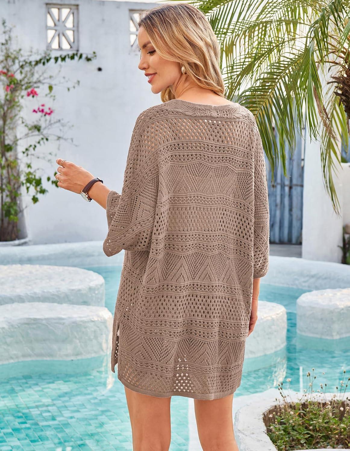 imageGRACE KARIN Womens Summer Short Sleeve Crochet Cardigan Sweaters Lightweight 2026 Oversized Knit Boho Kimono CardigansKhaki