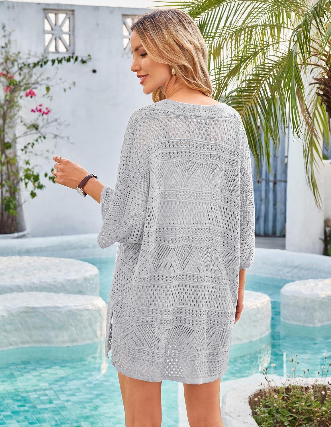 imageGRACE KARIN Womens Summer Short Sleeve Crochet Cardigan Sweaters Lightweight 2026 Oversized Knit Boho Kimono CardigansLight Grey