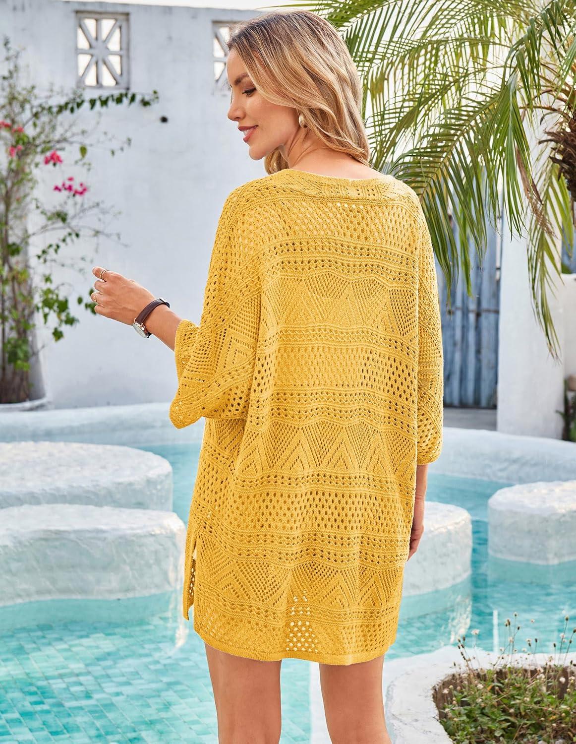 imageGRACE KARIN Womens Summer Short Sleeve Crochet Cardigan Sweaters Lightweight 2026 Oversized Knit Boho Kimono CardigansYellow