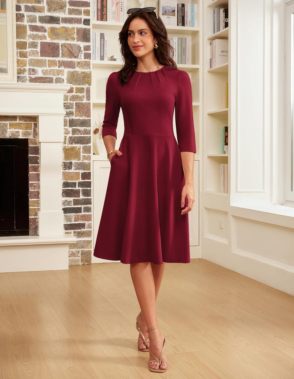 imageGRACE KARIN Work Dresses for Women 202534 Sleeve Church Dresses Aline Fall Wedding Guest Dress with PocketsWine Red