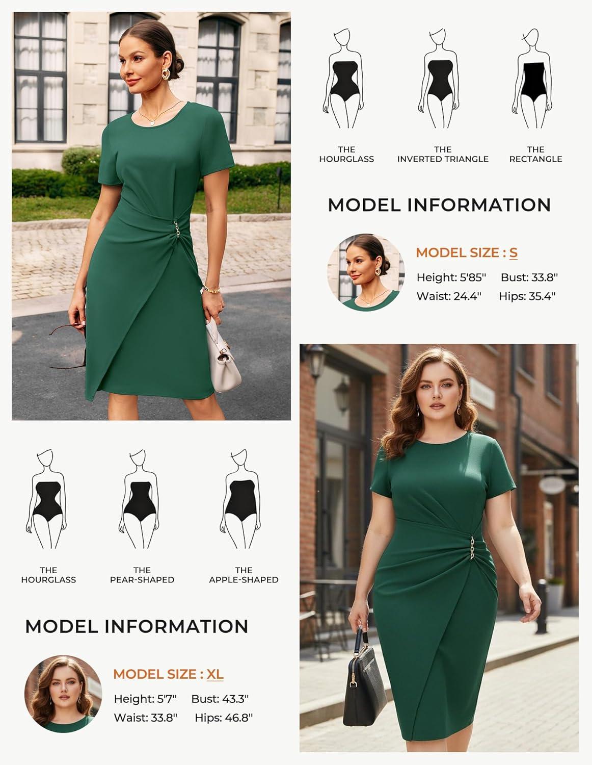 imageGRACE KARIN Work Dresses for Women 2026 Short Sleeve Sheath Business Midi Dress Ruched Bodycon Office Church OutfitsDark Green