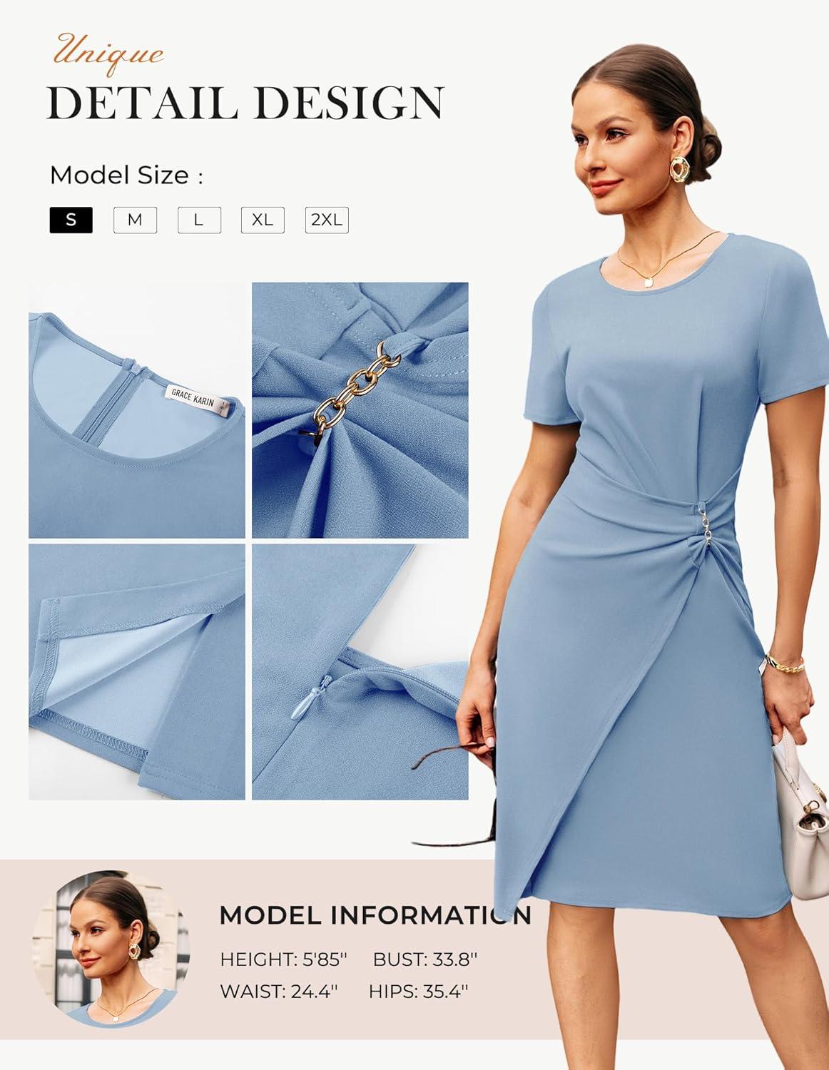 imageGRACE KARIN Work Dresses for Women 2026 Short Sleeve Sheath Business Midi Dress Ruched Bodycon Office Church OutfitsGray Blue