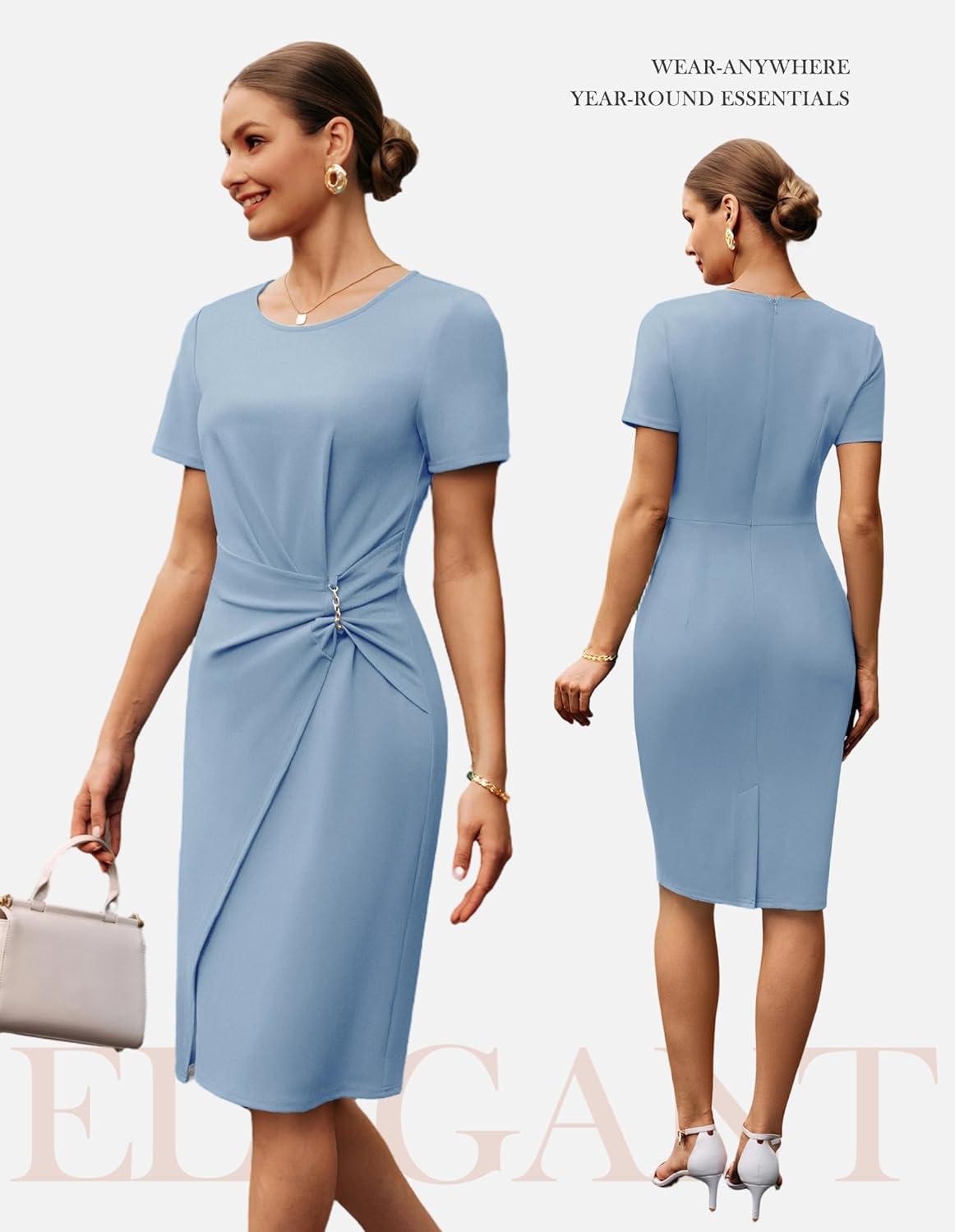 imageGRACE KARIN Work Dresses for Women 2026 Short Sleeve Sheath Business Midi Dress Ruched Bodycon Office Church OutfitsGray Blue