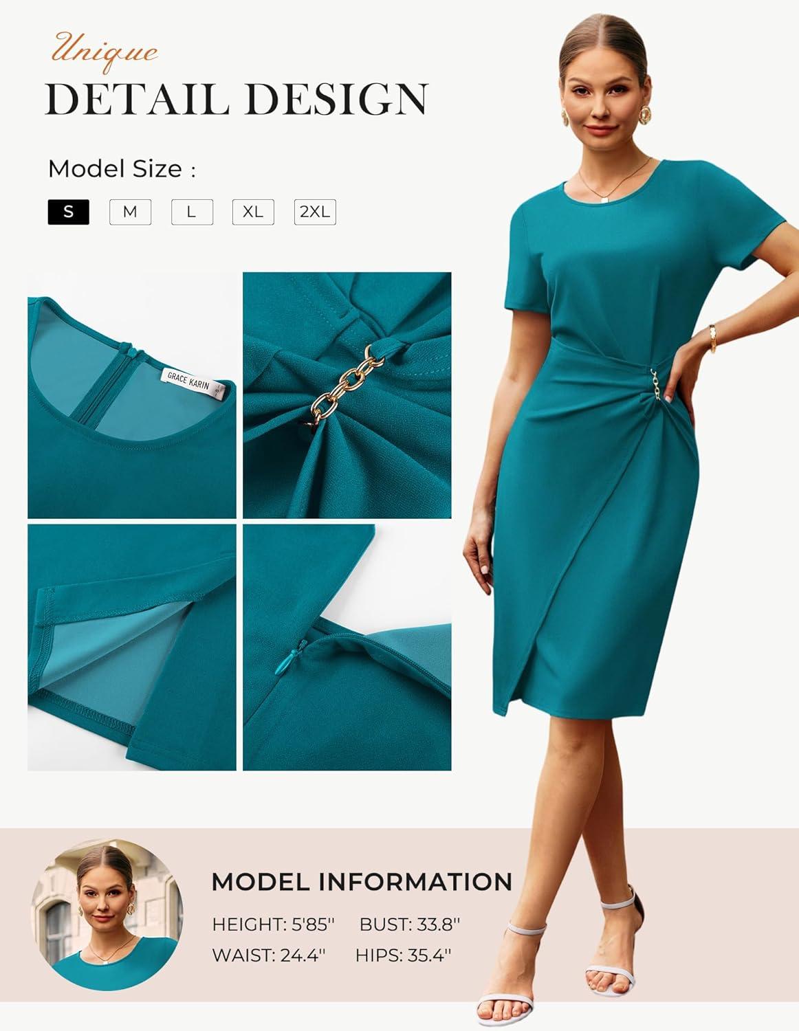 imageGRACE KARIN Work Dresses for Women 2026 Short Sleeve Sheath Business Midi Dress Ruched Bodycon Office Church OutfitsPeacock Blue