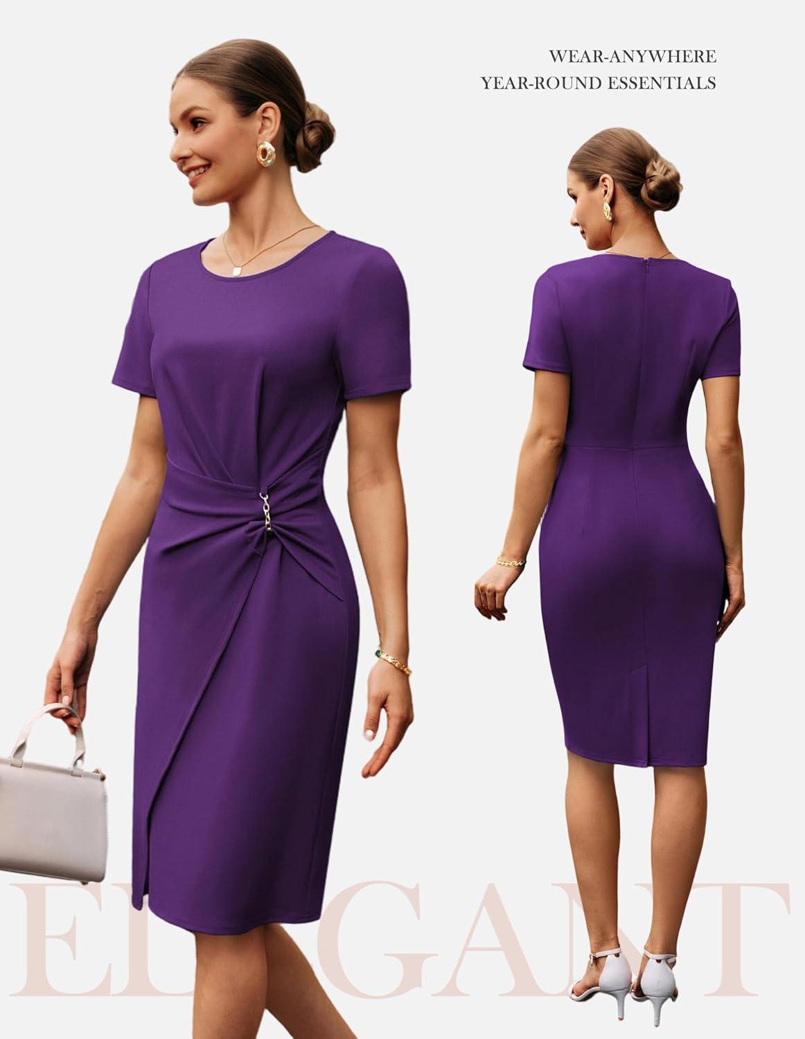 imageGRACE KARIN Work Dresses for Women 2026 Short Sleeve Sheath Business Midi Dress Ruched Bodycon Office Church OutfitsPurple