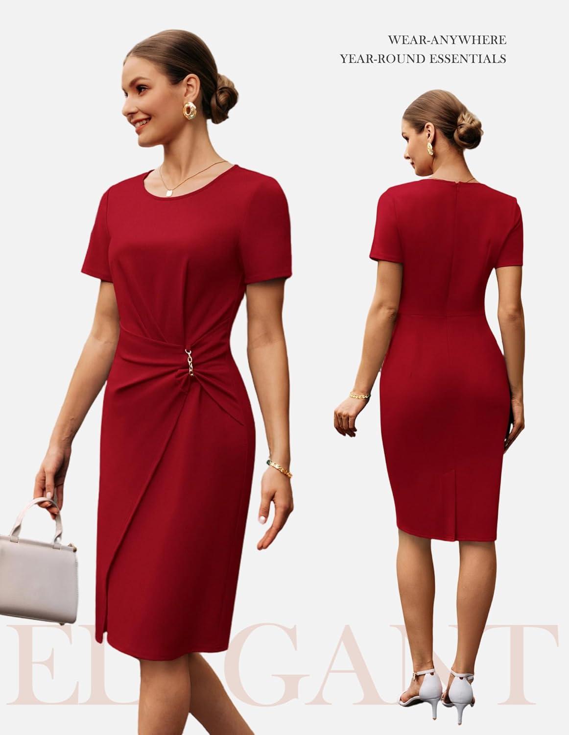 imageGRACE KARIN Work Dresses for Women 2026 Short Sleeve Sheath Business Midi Dress Ruched Bodycon Office Church OutfitsRed