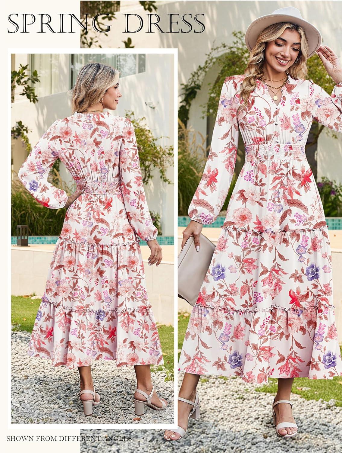 imageWomen Long Sleeve Midi Dress Boho Floral Casual Flowy A Line Dresses Spring Elegant Classy Dress with PocketApricot
