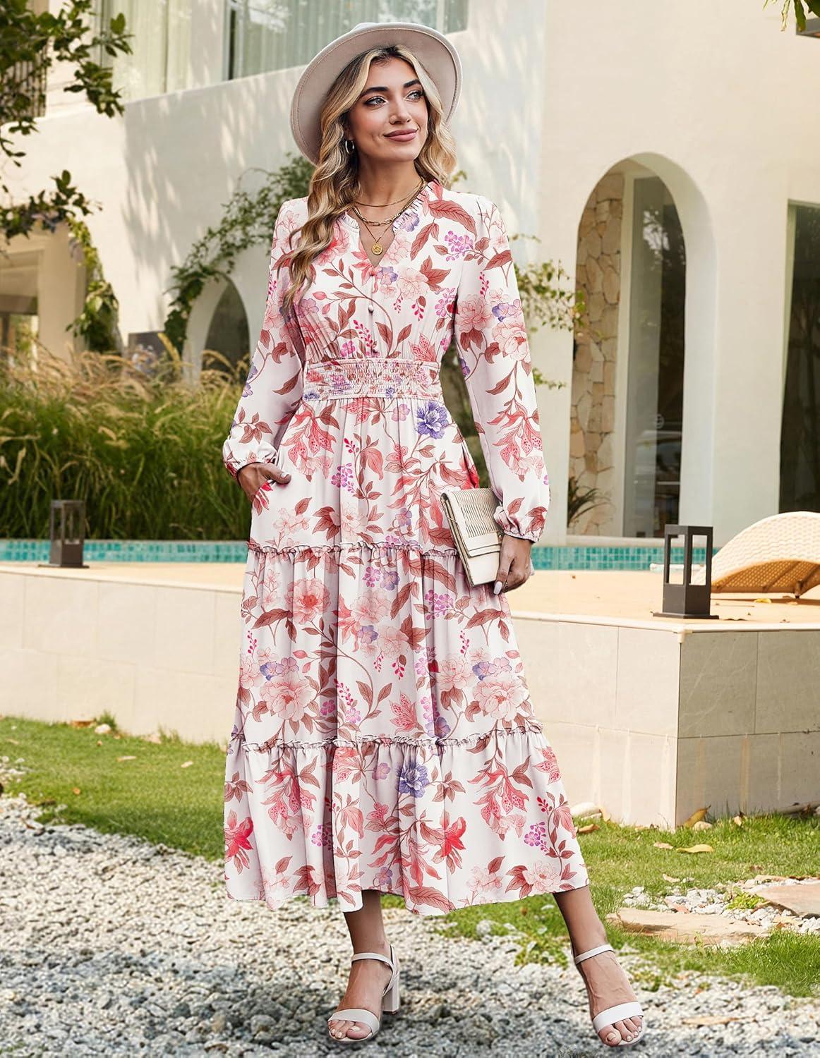 imageWomen Long Sleeve Midi Dress Boho Floral Casual Flowy A Line Dresses Spring Elegant Classy Dress with PocketApricot