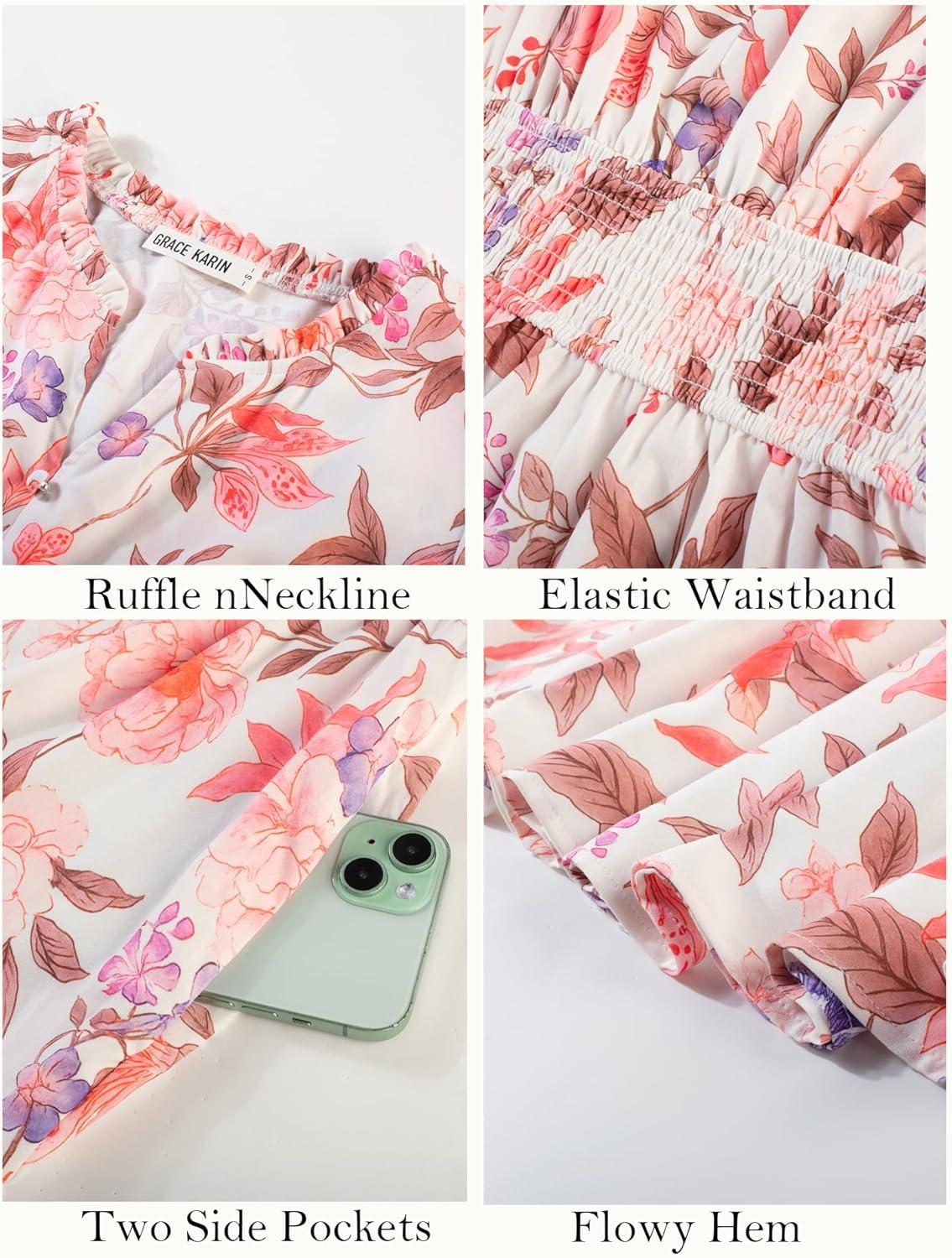 imageWomen Long Sleeve Midi Dress Boho Floral Casual Flowy A Line Dresses Spring Elegant Classy Dress with PocketApricot
